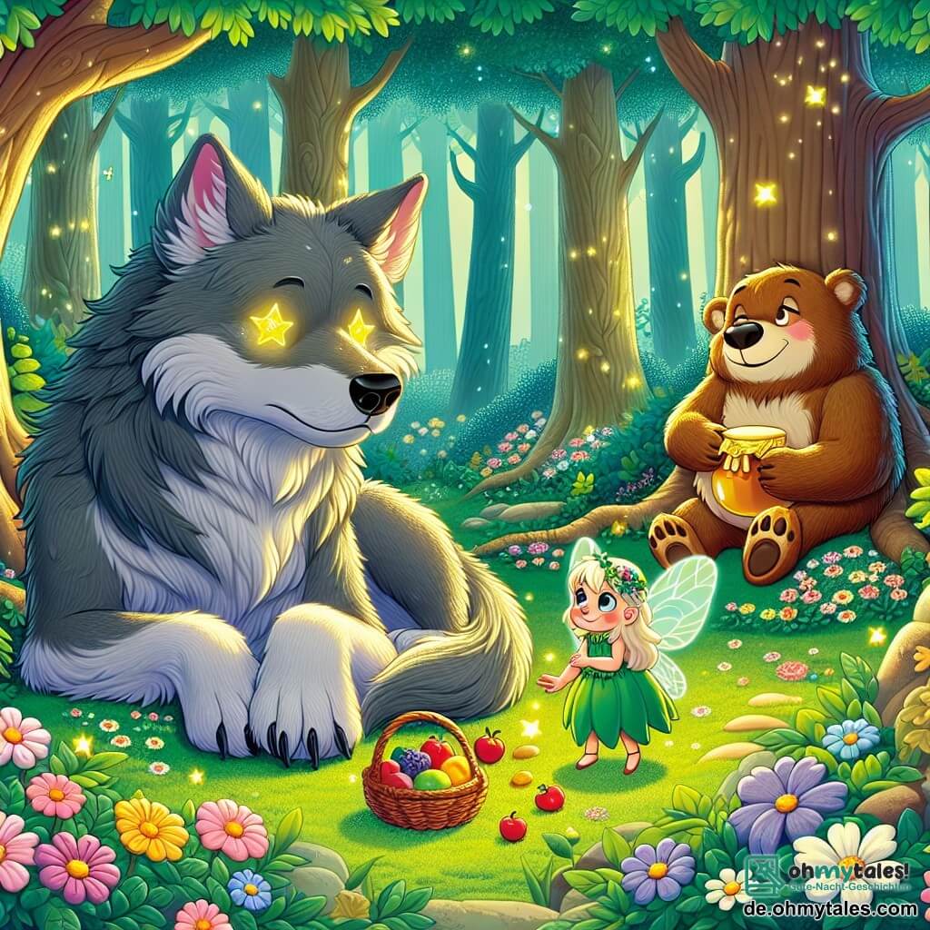 In einer verzauberten Lichtung sitzt ein großer Wolf mit grauem Fell und sternenähnlichen Augen auf einem Bett aus grünem Moos und schaut melancholisch, während er einen Korb mit bunten Früchten hält. Neben ihm schwebt eine kleine Fee mit glitzernden Flügeln, goldenen Haaren und einem Kleid aus Blütenblättern, die warm lächelt und entschlossen wirkt. In der Nähe steht ein kräftiger brauner Bär auf seinen Hinterbeinen, hält einen Honigtopf und zeigt einen fröhlichen, einladenden Gesichtsausdruck. Die Szene spielt in einem magischen Wald mit majestätischen Bäumen, deren leuchtend grüne Blätter das Sonnenlicht filtern und tanzende Schatten auf den mit bunten Blumen bedeckten Boden werfen. Der einst gefürchtete Wolf entdeckt die Wärme der Freundschaft, als die Fee und der Bär ihm Süßigkeiten anbieten, was einen Neuanfang und das Ende von Missverständnissen symbolisiert.