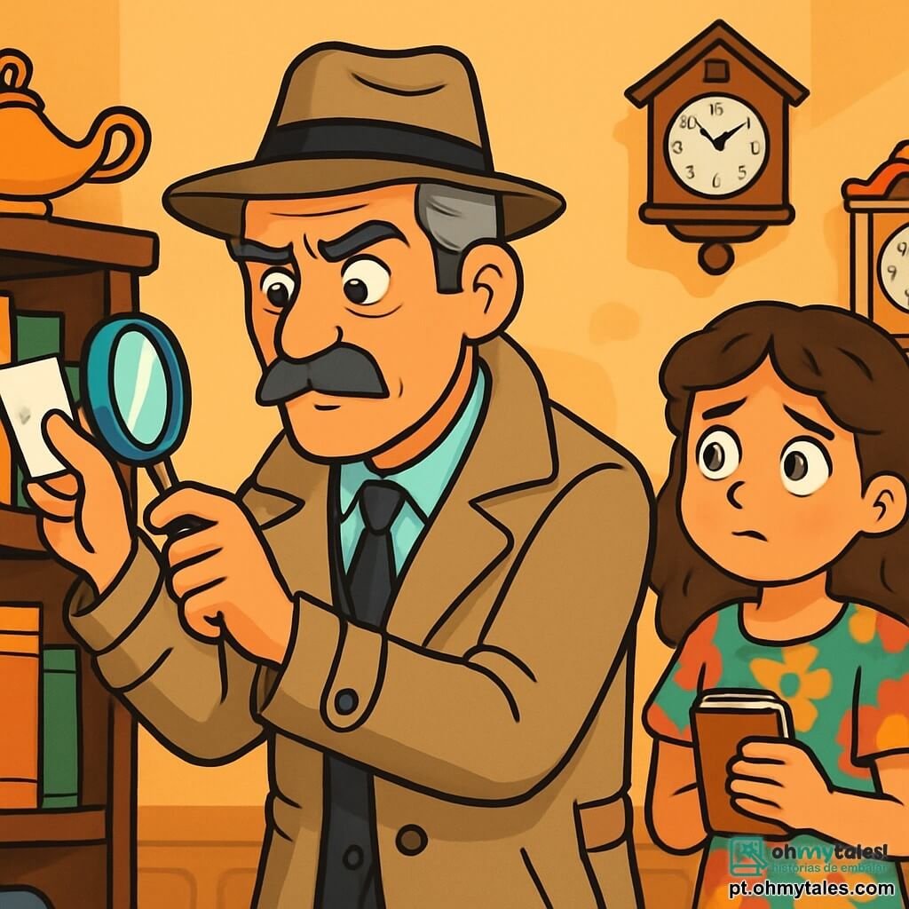 Um homem detetive, Joaquim Ventura, com cerca de 50 anos, cabelos grisalhos e um bigode bem cuidado, usa um trench coat bege e um chapéu fedora. Seu rosto expressa curiosidade e determinação enquanto examina atentamente uma prateleira de madeira escura. Ao seu lado, Clara, uma menina de 12 anos, com cabelos castanhos e cacheados, usa um vestido colorido e tem um olhar preocupado, segurando um pequeno caderno nas mãos. Ela observa Joaquim com esperança. O local é uma charmosa casa antiga, cheia de antiguidades, onde as paredes são adornadas com relógios que marcam o tempo, criando uma atmosfera misteriosa. Joaquim descobre um pedaço de papel preso entre as prateleiras, revelando uma pista crucial sobre o roubo de um valioso relógio.
