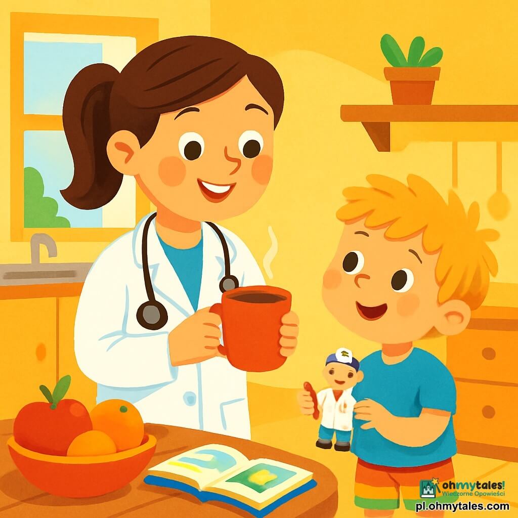 Pani Doktor Asia, uśmiechnięta i życzliwa lekarka, nosi białą fartuch i stetoskop na szyi. Jej brązowe włosy są związane w ładny kucyk, a oczy błyszczą dobrocią. Stoi w jasnej kuchni, trzymając filiżankę gorącego kakao, z radosnym wyrazem twarzy. Obok niej stoi pięcioletni chłopiec z rozczochranymi blond włosami i figlarnym uśmiechem, patrząc na matkę z podziwem. Ma na sobie niebieską koszulkę i kolorowe szorty, trzymając zabawkę w kształcie lekarza. Kuchnia jest przytulna, z słonecznymi żółtymi ścianami, drewnianym stołem z świeżymi owocami i książkami. Okno wpuszcza poranne światło, oświetlając pomieszczenie. Pani Doktor Asia przygotowuje się do pracy, pełna entuzjazmu i miłości do pomagania dzieciom.
