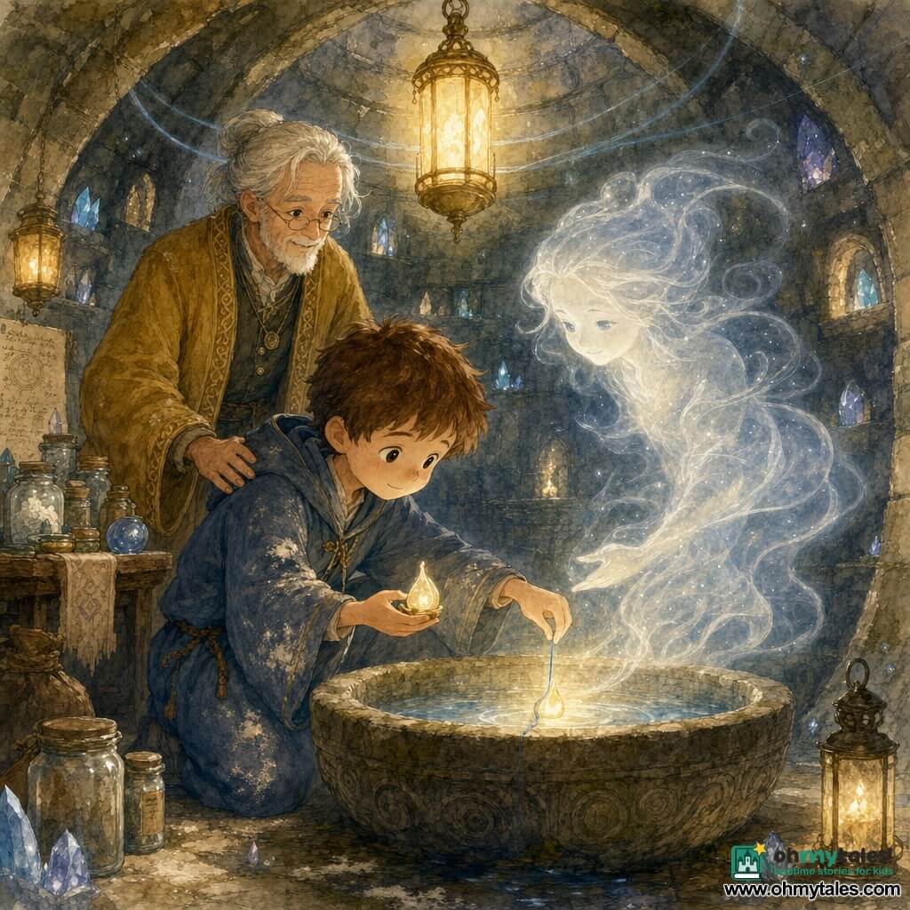 The main character is Milo, a young wizard boy with a soft round face, short chestnut hair and a simple blue-gray robe dusted with flour; calm, kind expression, holding a small teardrop candle in one hand and unwinding a pale blue thread with the other, crouched by a stone basin. A secondary character is Orin, an elderly alchemist (around 60) with tied silver hair and a long curry-colored coat, standing behind Milo by a table of jars, smiling and resting a hand on Milo’s shoulder. Another secondary is the guardian spirit, a translucent vaporous human silhouette veiled in white and silver mist with gentle pearl-like eyes, floating above the basin and brightening toward the candle. The scene is a damp underground round stone chamber with walls of small sparkling crystals, a central stone basin, hanging old lanterns and pale blue threads of light drifting like ribbons. Milo places the thread and candle into the basin; the small golden flame slowly grows, the spirit brightens and a ceiling lantern lights in response, creating a warm, intimate, reassuring atmosphere. Visual style: soft watercolor, pale blues, warm golds and stone grays, granular stone textures and light brushwork for the mist, muted lighting and subtle contrasts.
