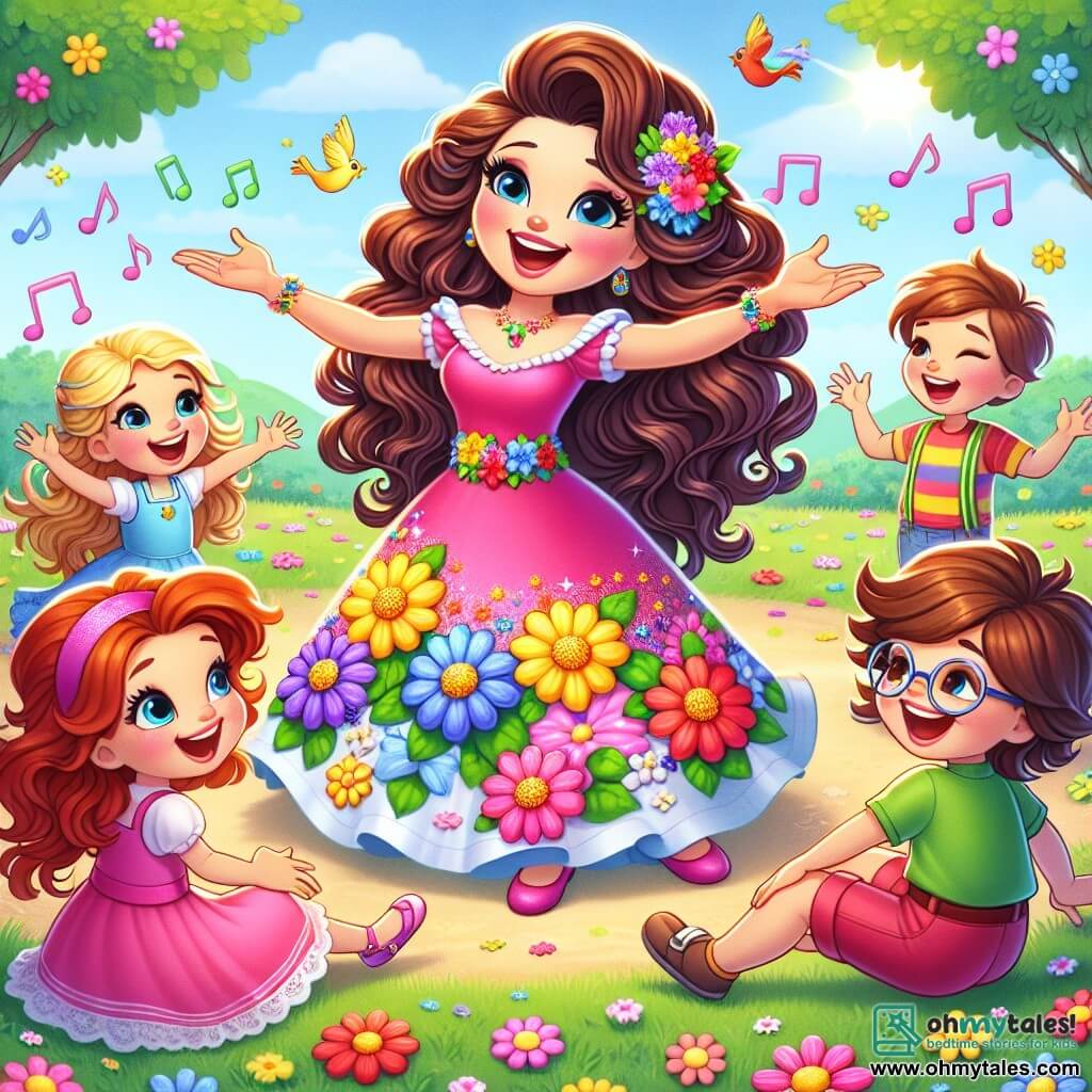Miss Harmony, a cheerful woman with long wavy hair, wears a colorful flower-adorned dress. She smiles enthusiastically with open arms, surrounded by children, expressing great joy and a passion for music. Lily, a 7-year-old girl with pigtails and a pink dress, dances with a big smile, while Max, an 8-year-old boy with brown hair and glasses, plays with a large red ball, both radiating happiness. The scene takes place in a sunny park filled with colorful flowers and lush trees, under a clear blue sky with singing birds. The children sit on the soft grass, forming a circle around Miss Harmony, who is ready to sing. The main situation shows Miss Harmony and the children singing a joyful song together, their faces lit up with happiness, creating a magical atmosphere of camaraderie and music.