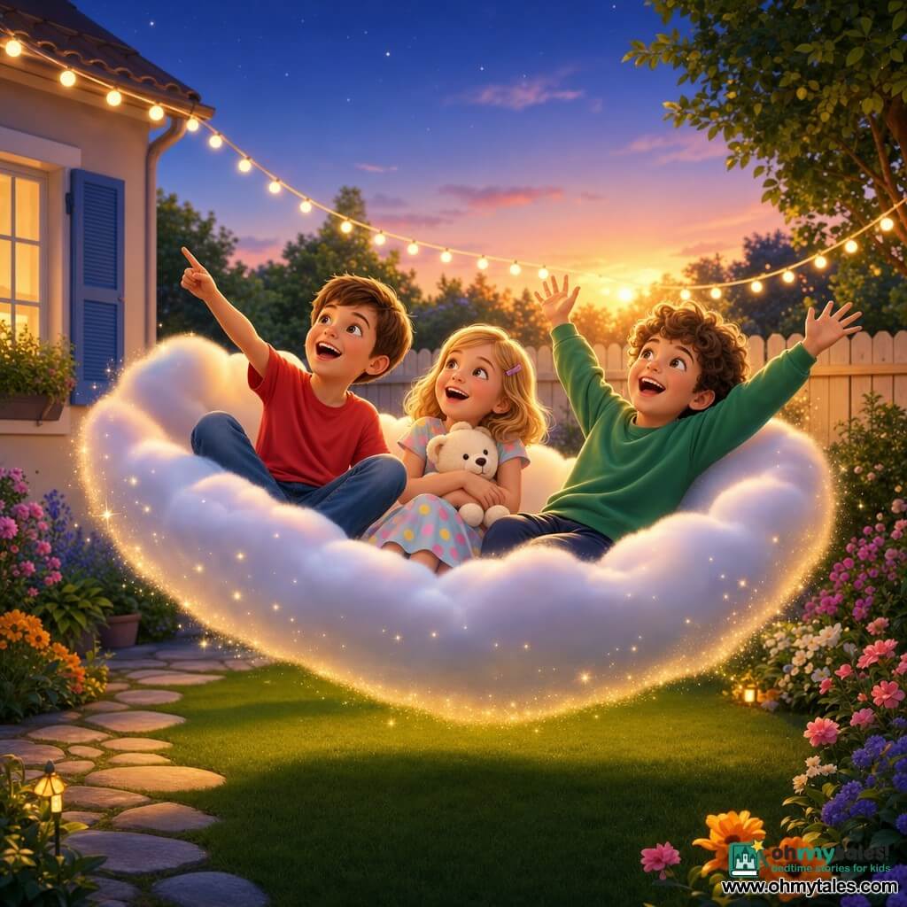 Three children float gently in a fluffy white cloud hammock sprinkled with sparkling imagination dust over a neatly mown backyard at dusk: Rick, a 9-year-old boy with short brown hair in a red T-shirt and jeans sits left, laughing and pointing at the sky; Emma, an 8-year-old girl with mid-length blonde hair and a hairclip in a pastel polka-dot dress sits center, hugging a small white teddy and smiling; Jake, a 10-year-old boy with curly brown hair in a green sweatshirt sits right, raising his arms excitedly; warm golden sunset light, colorful flowers along a stone path, string lights overhead and a pale wooden fence with a house with blue shutters visible left create a soft, amusing, comforting atmosphere.