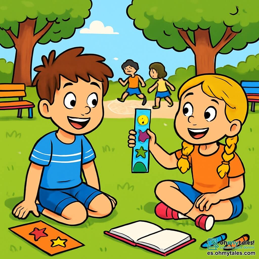 Un niño de 10 años, con el cabello castaño desordenado y ojos llenos de curiosidad, está sentado en la hierba verde del parque, sonriendo ampliamente. Lleva una camiseta azul con rayas blancas y un pantalón corto de mezclilla. A su lado, una niña de 10 años, con trenzas rubias y una expresión alegre, sostiene un marcapáginas colorido que acaba de crear. Ella está sentada en posición de loto, mirando al niño con entusiasmo. Al fondo, se ven árboles majestuosos con hojas de un verde brillante y bancos de colores, mientras que niños juegan a la rayuela. La escena tiene lugar en un parque animado, lleno de risas y alegría. El niño y la niña comparten sus creaciones artísticas, rodeados de un ambiente de camaradería y descubrimientos veraniegos.