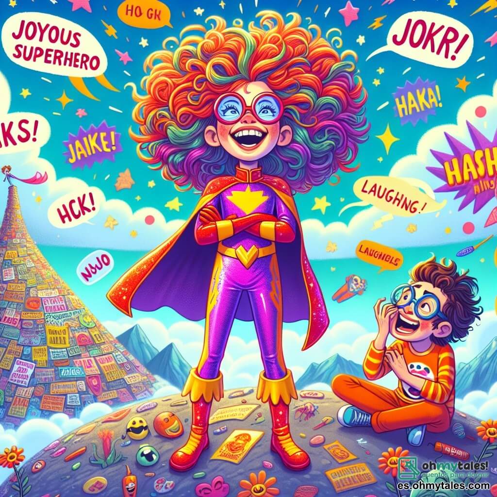 Lila, una superhéroe alegre, es una joven con cabello rizado y colorido, vestida con un traje brillante de colores vivos y una gran sonrisa en su rostro. Hace una mueca hilarante, con ojos chispeantes de malicia, mientras se encuentra sobre una montaña de chistes, rodeada de burbujas de risa coloridas que flotan a su alrededor. A su lado, el Increíble Chistoso, un niño de unos 10 años con gafas redondas y una camiseta de chistes, estalla en risas, sosteniéndose el vientre de alegría. Está ligeramente inclinado hacia adelante, listo para contar otro de sus chistes absurdos. Al fondo, la montaña de chistes está cubierta de carteles humorísticos y flores que ríen, mientras el cielo es de un azul brillante, salpicado de nubes con caras sonrientes. La escena principal muestra a Lila y al Increíble Chistoso uniendo fuerzas para hacer reír a El Serio, un villano de rostro severo que está cerca, con los brazos cruzados, pero cuyas labios comienzan a curvarse en una sonrisa, rodeado de burbujas de risa que estallan a su alrededor.