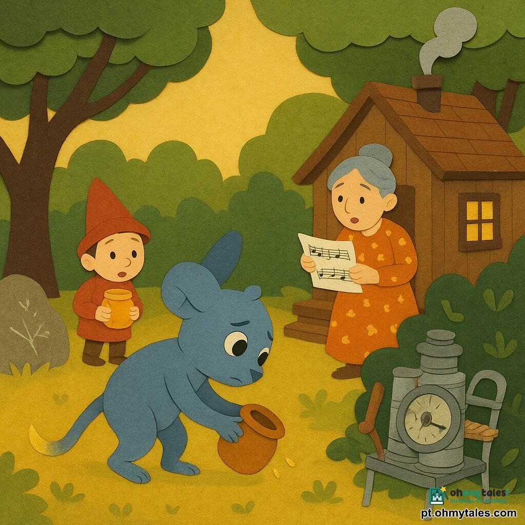 Nilo, pequeno ser animal imaginário de pele azul-cinza, grandes orelhas flexíveis e cauda com leve halo dourado, expressão concentrada e ligeiramente preocupada, inclinado para apanhar um pote de mel antes que caia; o Nilo criança, menor, chapéu vermelho torto, olhos arredondados e curiosos, segura outro pote de mel e observa surpreso e divertido, posicionado atrás e à esquerda do Nilo adulto; a velha senhora, humana com cabelo grisalho preso em coque, vestida com vestido florido e segurando uma folha de canção, rosto terno e surpreso, em pé no degrau da pequena casa de madeira ao fundo; uma máquina do tempo improvisada entre arbustos verdes — caixas de conserva prateadas, uma cadeira com cinto de corda, um grande espelho redondo e um velho despertador rachado no centro, com uma pequena alavanca de madeira visível; local: clareira banhada por luz dourada, erva alta com trevos, uma casinha fumegante com pequena janela, uma grande pedra marcada por desenhos a lápis branco e galhos formando moldura natural; situação: momento delicado e suspenso — Nilo segura silenciosamente o pote de mel para impedir que bata na alavanca da máquina, tensão suave e atmosfera calorosa, cena rica em texturas (madeira, metal amassado, tecido) e cores quentes (amarelo, verde, azul-cinza).
