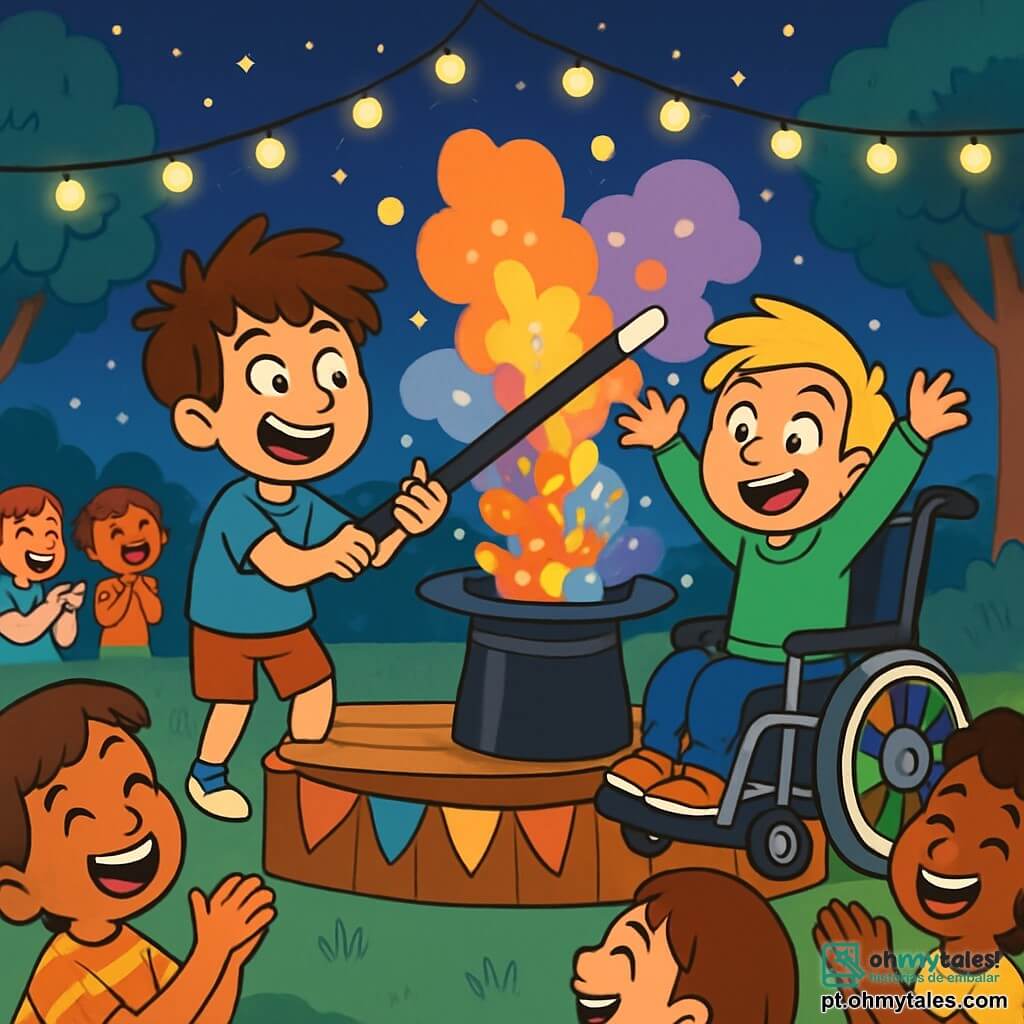 Há 2 personagens principais: - Pedro: um garoto de 10 anos com cabelo castanho bagunçado e olhos brilhantes de curiosidade. Ele usa uma camiseta azul e um short vermelho, e está à esquerda, rindo com entusiasmo. - Lucas: um garoto de 10 anos com cabelo loiro e um grande sorriso. Ele está em uma cadeira de rodas decorada com adesivos coloridos e usa um moletom verde. Ele está à direita de Pedro, levantando os braços no ar, cheio de excitação. O cenário principal é um campo aberto sob um céu estrelado, iluminado por luzes penduradas nas árvores. No centro, um pequeno palco de madeira decorado com bandeirinhas coloridas, e crianças riem e aplaudem ao redor, criando uma atmosfera festiva. A situação principal mostra Pedro e Lucas no palco, segurando uma grande varinha mágica, cercados por nuvens de purpurina colorida que saem de um grande chapéu de mágico. Eles parecem surpresos e divertidos, enquanto o público ri, criando uma atmosfera mágica e alegre.