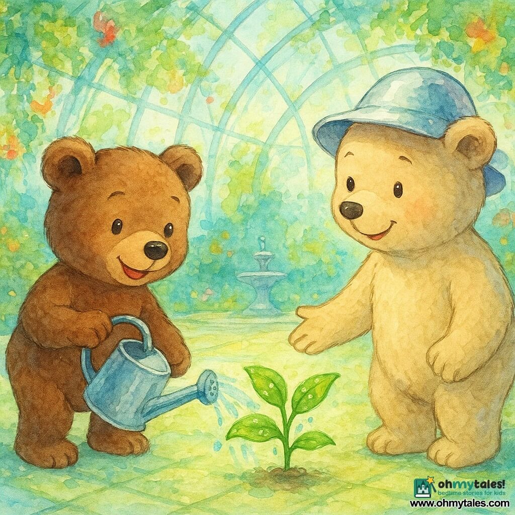 The main character is Benny, a small round-faced brown bear with bright eyes and a joyful, awed expression, gently pouring water from a shimmering silver watering can onto a small green plant; a secondary character, Bella, a slightly larger beige bear wearing a shiny silver hat and a kind smile, stands beside him, supporting the plant and looking at Benny with pride; the plant has broad glossy leaves with trembling water droplets and a faint green glow as it straightens; the setting is a large futuristic glass dome draped in vines and colorful flowers with pale mint tiled floors, soft light filtering through, mossy paths and a silver fountain in the background; the scene is warm and hopeful, centered on nurturing and cooperation, in a soft watercolor style with controlled splashes for water reflections and pastel blues and greens.