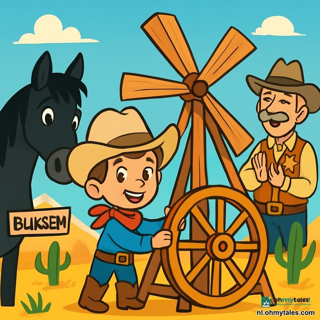 Een jonge cowboy, een 10-jarig jongetje met een grote beige cowboyhoed, leren riemen en bruine laarzen, staat trots en glimlachend met twinkelende ogen van opwinding. Hij is bezig met het bouwen van een grote windvanger van houten planken en een groot wiel, geconcentreerd en vastberaden. Naast hem staat een zwarte paard genaamd Bliksem, met een glanzende manen, die aandachtig kijkt met zijn grote oren omhoog. Op de achtergrond staat een oude sheriff, een man van ongeveer 60 jaar met een grijze snor en een versleten cowboyhoed, die glimlacht en applaudisseert, trots op de jonge cowboy. De omgeving is een uitgestrekte en zonnige prairie, met groene cactussen en gouden heuvels onder een stralende blauwe lucht. In de verte zijn majestueuze bergen zichtbaar. De hoofdsituatie toont de cowboy die zijn windvanger afmaakt, terwijl de wind de cactussen om hen heen laat dansen, en de dorpelingen zich verzamelen om zijn werk te bewonderen, nieuwsgierig naar het resultaat.