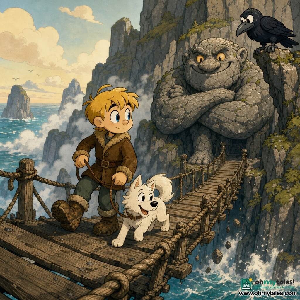 About a 12-year-old boy, Bjorn, with a round face and straw-blond hair, determined yet gentle expression and bright blue eyes, holding a leash and cautiously crossing an old wooden footbridge in a brown wool coat and muddy boots; his dog Skadi, medium-sized with a snow-white coat, loyal mischievous look, close at his feet with tail raised; a massive stone troll with veined grey rock texture, amber glowing eyes and a friendly but imposing mouth, standing at the bridge entrance with arms crossed; a glossy black raven perched on a ledge above, alert; steep grey cliffs with green moss, white mist weaving through the rocks, turquoise sea below and a pale morning sky; the weathered plank bridge with nailed boards and frayed ropes suspended over swirling frozen water; main scene: Bjorn and Skadi cross the troll-guarded bridge, gentle tension and adventurous atmosphere with mist and a few falling stones suggesting controlled danger.