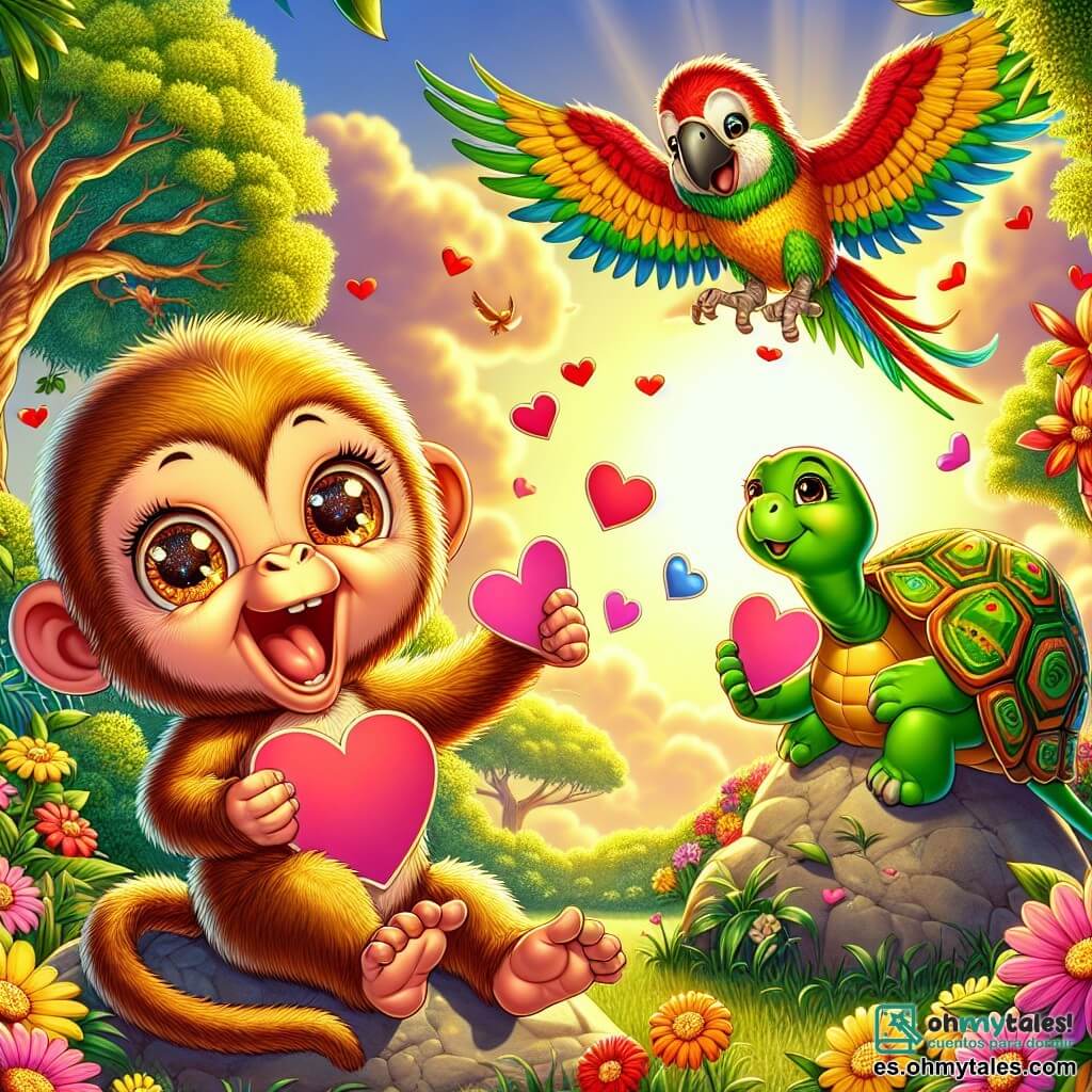 Ilustración que representa a un pequeño mono alegre, con pelaje dorado y ojos brillantes, sosteniendo cartas en forma de corazón decoradas con flores coloridas. Sonríe con entusiasmo, con los brazos levantados en señal de celebración. A su lado, una tortuga amistosa, con un caparazón verde y brillante, observa las cartas con admiración, mostrando alegría y emoción. Está sentada sobre una piedra, lista para ayudar a su amigo. Un loro colorido, con plumas rojas, amarillas y verdes, vuela sobre ellos, sonriendo. Sus alas están desplegadas, listo para aportar plumas para decorar las cartas. El lugar es un claro en la selva, iluminado por la luz dorada del sol poniente, rodeado de majestuosos árboles y flores de colores vivos, creando una atmósfera festiva. La escena principal muestra al mono y sus amigos preparando cartas de San Valentín, rodeados de risas y buena energía, celebrando la amistad con creatividad. También hay corazones de papel flotando, guirnaldas de flores en las ramas y un fondo de cielo naranja y rosa, añadiendo un toque mágico a esta escena alegre.