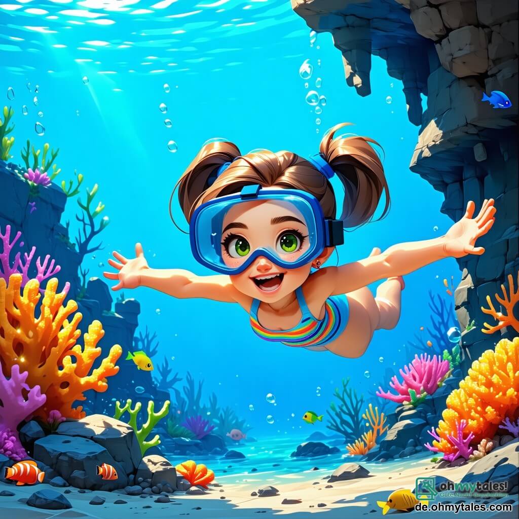 Es gibt zwei Hauptfiguren: - Mia: ein 8-jähriges Mädchen mit unordentlichen braunen Haaren und funkelnden grünen Augen. Sie trägt einen bunten Badeanzug und eine Taucherbrille. Sie schwimmt begeistert mit ausgebreiteten Armen auf eine Öffnung im Korallenriff zu. - Lena: ein 7-jähriges Mädchen mit einem hübschen blonden Dutt und strahlend blauen Augen. Sie trägt einen gestreiften Badeanzug und einen Tauchgürtel. Sie folgt Mia dicht auf, hält eine kleine Schatzkarte in den Händen und hat einen neugierigen Ausdruck im Gesicht. Der Ort spielt unter Wasser in einem wunderschönen Korallenriff. Die Korallen sind leuchtend blau und mit lebhaften Farben wie Rosa, Gelb und Violett geschmückt. Bunte Fische schwimmen um sie herum und schaffen eine magische, lebendige Atmosphäre. Lichtstrahlen filtern durch die Wasseroberfläche und erleuchten die Szene mit einem goldenen Glanz. Die Hauptsituation zeigt Mia und Lena, die eine geheime Öffnung im Riff entdecken, wo sich eine alte Truhe voller funkelnder Schätze befindet. Die Mädchen nähern sich der Truhe, ihre Gesichter strahlen vor Aufregung und Neugier.