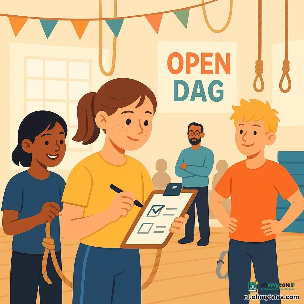 Een 12-jarig meisje met kastanjebruin haar in een paardenstaart, rond gezicht met sproeten, opgeluchte maar geconcentreerde uitdrukking, draagt een geel t-shirt en blauwe sportbroek, houdt een gevlochten touw vast en vinkt een checklist op een klembord aan; links staat Noa (12) met kort zwart haar die bemoedigend glimlacht en zacht aan het touw trekt om de knoop te testen; rechts Daan (12) met warrig blond haar, handen in de zij, klaar om een karabijnhaak te bevestigen; op de achtergrond meester Karim (±35) met korte baard en dunne bril kijkt goedkeurend bij een stapel blauwe matten; locatie: grote lichte gymzaal met glanzend parket, hangende touwen, klein podium en kleurrijke OPEN DAG-banners, vage silhouetten van zittende ouders; scène: kinderen controleren samen een knoop voor een mini touwbrug, teamsfeer, precieze gebaren en zacht middaglicht.