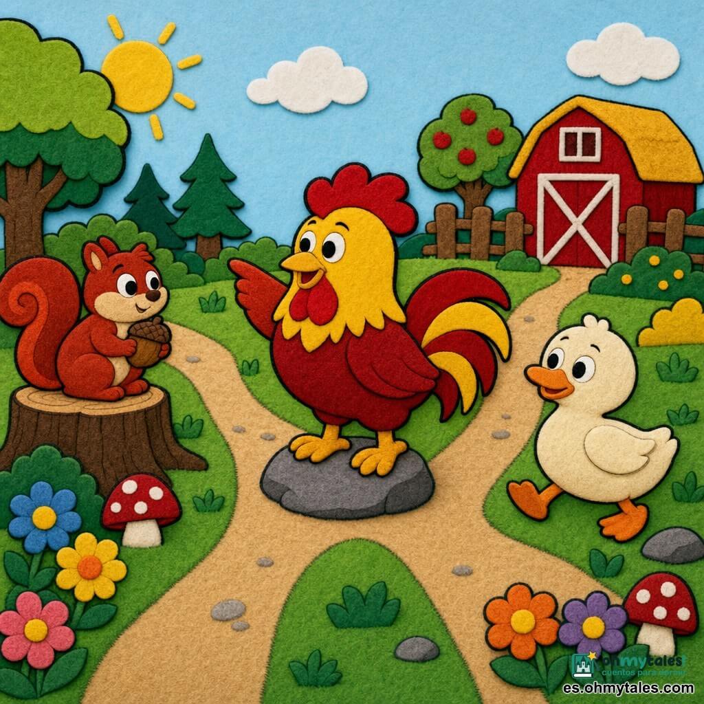 Un gallo redondo y vivo, plumaje rojo y amarillo brillante, picoteando y señalando el camino, a su derecha un pequeño pato blanco con patas naranjas que lo sigue, a la izquierda una ardilla rojiza en un tocón con una avellana; fondo de granja junto al bosque, hierba verde, flores y setas, tres senderos en abanico, luz suave de mañana, colores planos y contrastados, texturas tipo fieltro, formas simples y contornos negros para niños pequeños.
