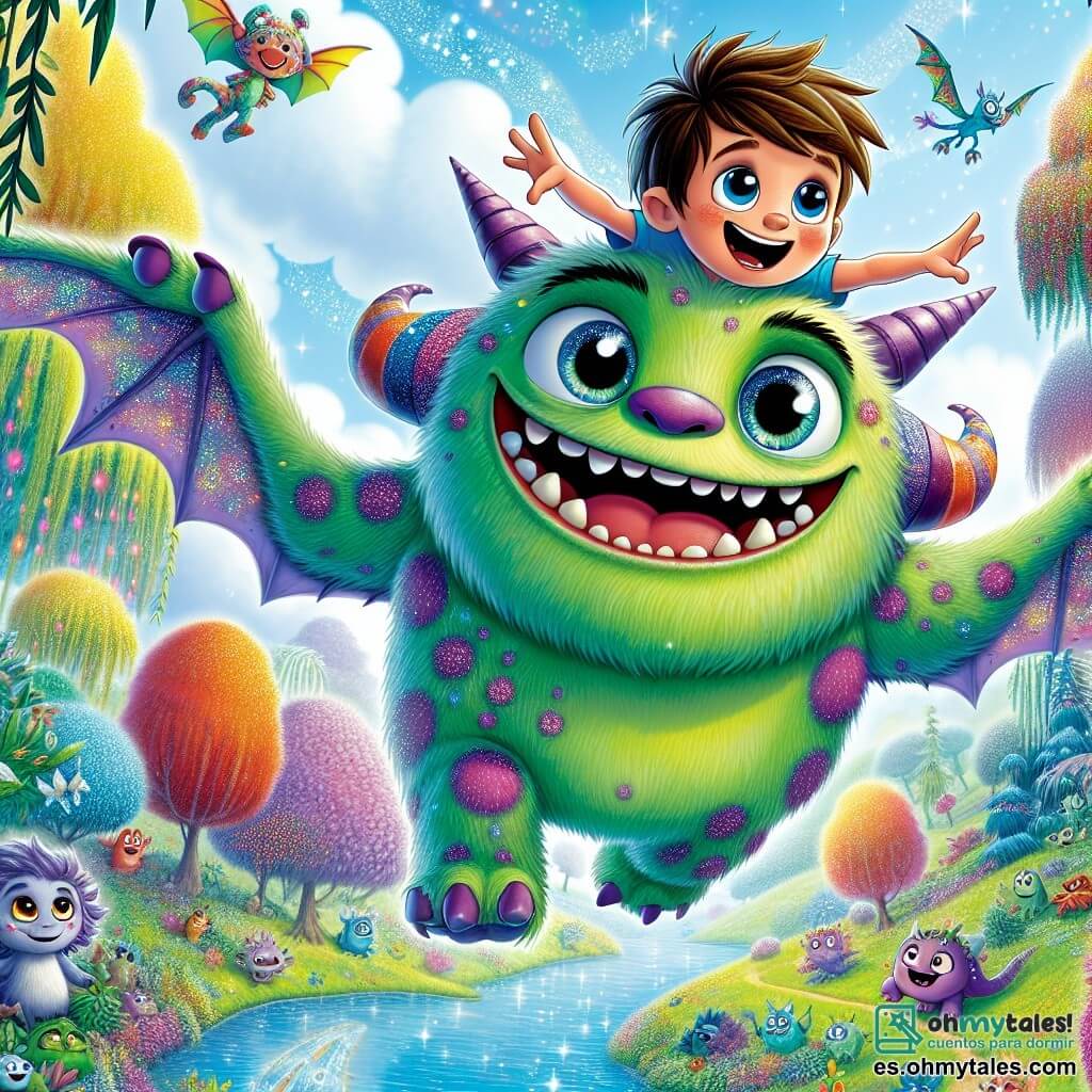 Gluki, un monstruo amigable con piel verde y peluda salpicada de brillantes lunares morados, vuela alegremente en el aire, sus grandes ojos redondos iluminados por la alegría. Tiene una amplia sonrisa que muestra sus pequeños dientes blancos, y sus largas orejas puntiagudas flotan al viento. A su lado, Nico, un niño de 8 años con el cabello castaño despeinado y ojos chispeantes de curiosidad, se aferra a su espalda, riendo de felicidad mientras señala las maravillas del paisaje abajo. Su aventura ocurre en el Bosque de los Sueños, un lugar mágico donde los árboles de hojas multicolores se elevan hacia un cielo azul brillante, y donde las flores cantan melodías suaves. Ríos centelleantes serpentean por el suelo, y estrellas brillan incluso durante el día, creando una atmósfera de cuento de hadas. La escena principal muestra a Gluki y Nico volando juntos sobre el lago mágico, rodeados de criaturas fantásticas que los miran con asombro, celebrando su nueva amistad en un mundo donde la magia y la alegría se encuentran.