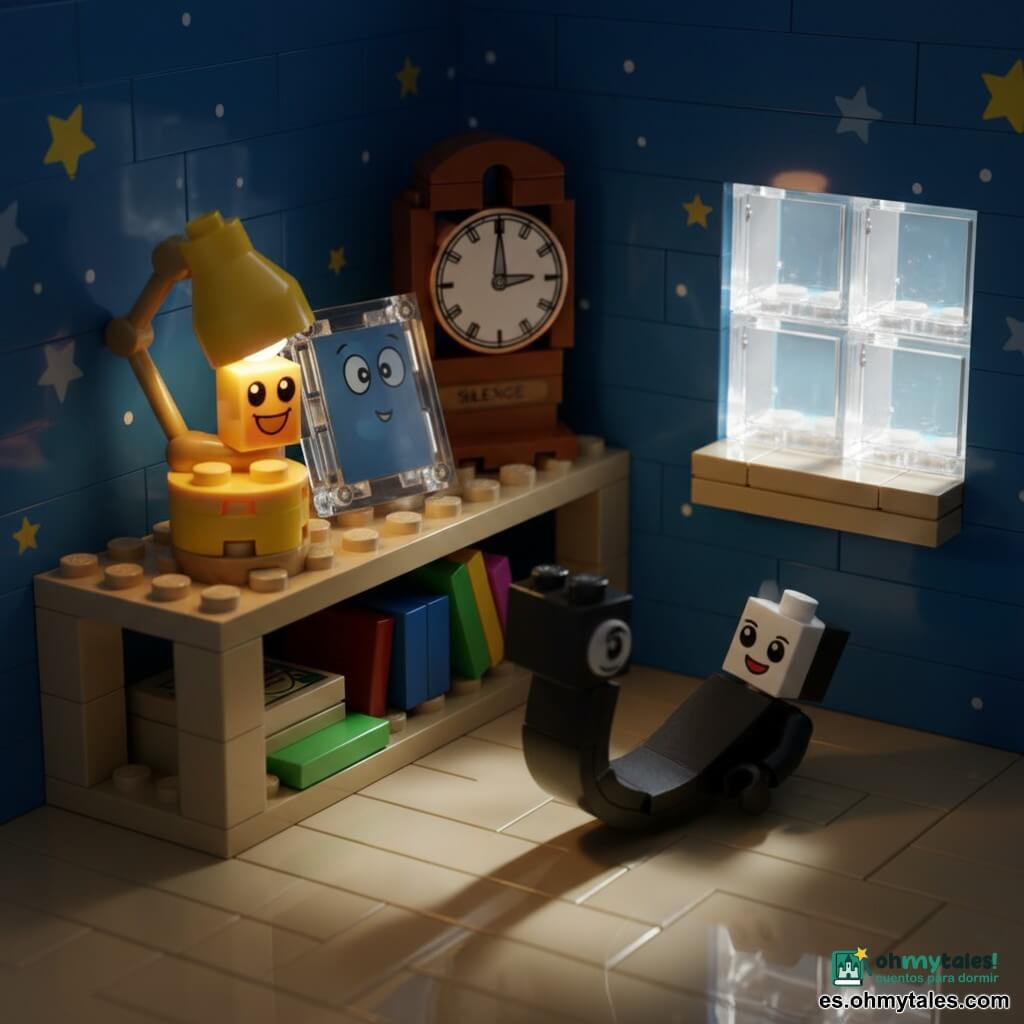 Pequeña lámpara antropomórfica de ladrillos amarillos y dorados, rostro sonriente pintado y ojos redondos brillantes, emite una cálida luz naranja; alegre y curiosa, está sobre una estantería LEGO. Una pequeña sombra estilizada de ladrillos negros y grises, con silueta flexible como una cinta y expresión de asombro, se desliza desde el borde hacia el suelo. Un reflejo espejo de LEGO plateado, secundario, con ojos pícaros dibujados, está junto a un marco plástico brillante mirando a la lámpara y a la sombra. Otro personaje, Silencio, representado por un gran reloj de ladrillos marrones y cobre con manecillas inmóviles, está al fondo en la misma estantería. Escenario: diorama de habitación LEGO con estantería color tostado, paredes azul noche con estrellas, cajas y libros, y una ventana cuadrada que deja pasar un rayo de luz. Situación: la sombra se aventura fuera de la estantería mientras la lámpara la observa con benevolencia, creando un marcado contraste entre la luz cálida y los tonos oscuros, atmósfera dulce y poética.