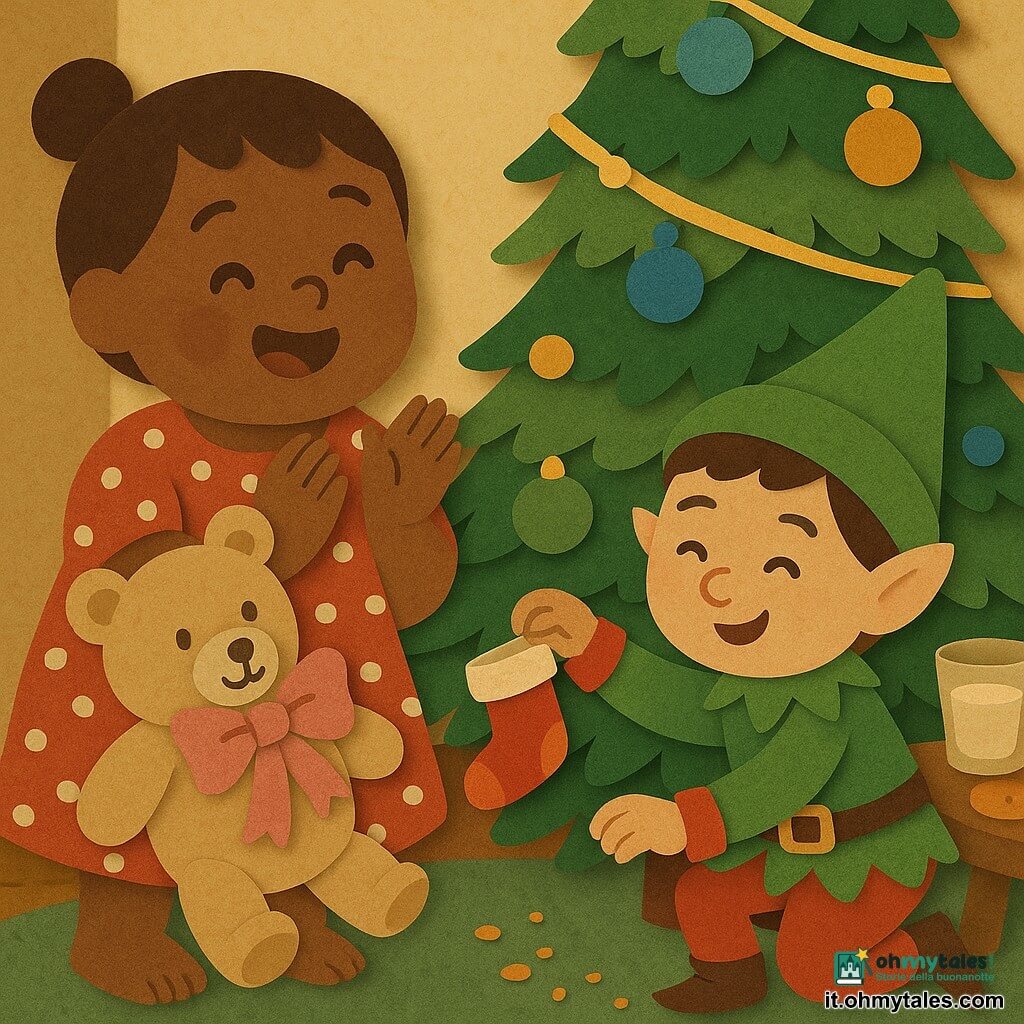 Bambina di 2 anni che sorride meravigliata, capelli castani raccolti in un piccolo chignon e vestito rosso a pois bianchi, applaude accanto all'albero di Natale; il folletto Pino, ragazzino gioioso con pelle chiara, cappello verde a punta e costume rosso e verde con rifiniture dorate, pone un piccolo calzino rosso su un ramo basso; nella sue braccia un orsacchiotto beige con grande fiocco rosa leggermente stropicciato; salotto caldo con luce gialla, tappeto verde, albero decorato con palline blu e dorate e ghirlande lucenti, un tavolino con tre biscotti e una tazza di latte; scena principale: il folletto combina piccole marachelle ai piedi dell'albero mentre la bambina applaude e una scia di briciole conduce alla tazza di latte.