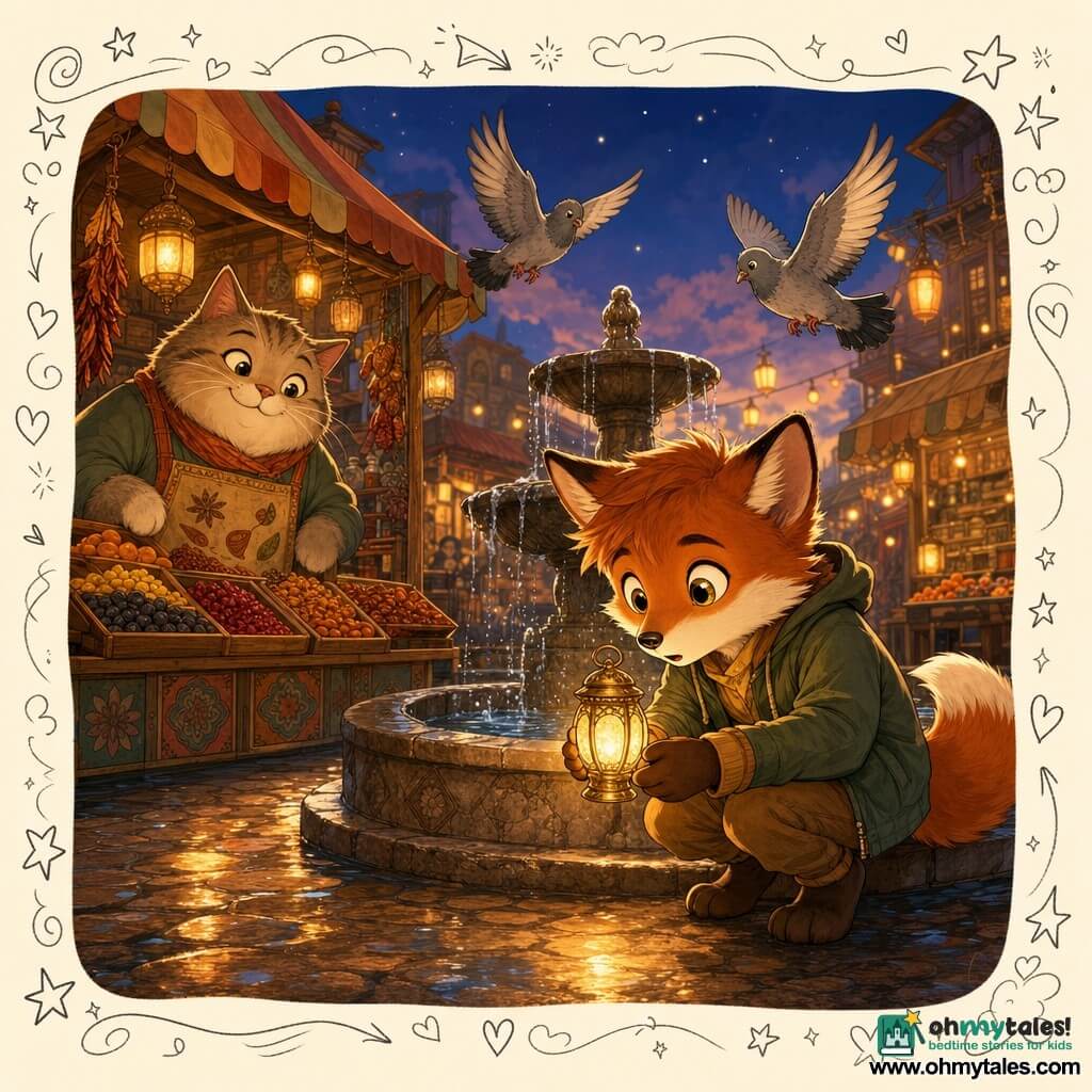 Zayn, a young anthropomorphic fox with bright hazel eyes and a bushy red coat, looks curious and awed as he holds a warm brass lantern between his paws, leaning forward as if listening; Aunt Saffron, a round smiling merchant cat with fine whiskers and a spice-patterned apron, watches amusedly from behind a dried-fruit stall to the left; two pale gray pigeons glide above a stone fountain at the center of a neighborhood market at dusk—colorful wooden stalls, hanging lantern garlands and wet cobbles reflecting gold and orange light; the scene is soft, warm and luminous, with ochre, copper and amber tones contrasting a deep twilight blue sky.