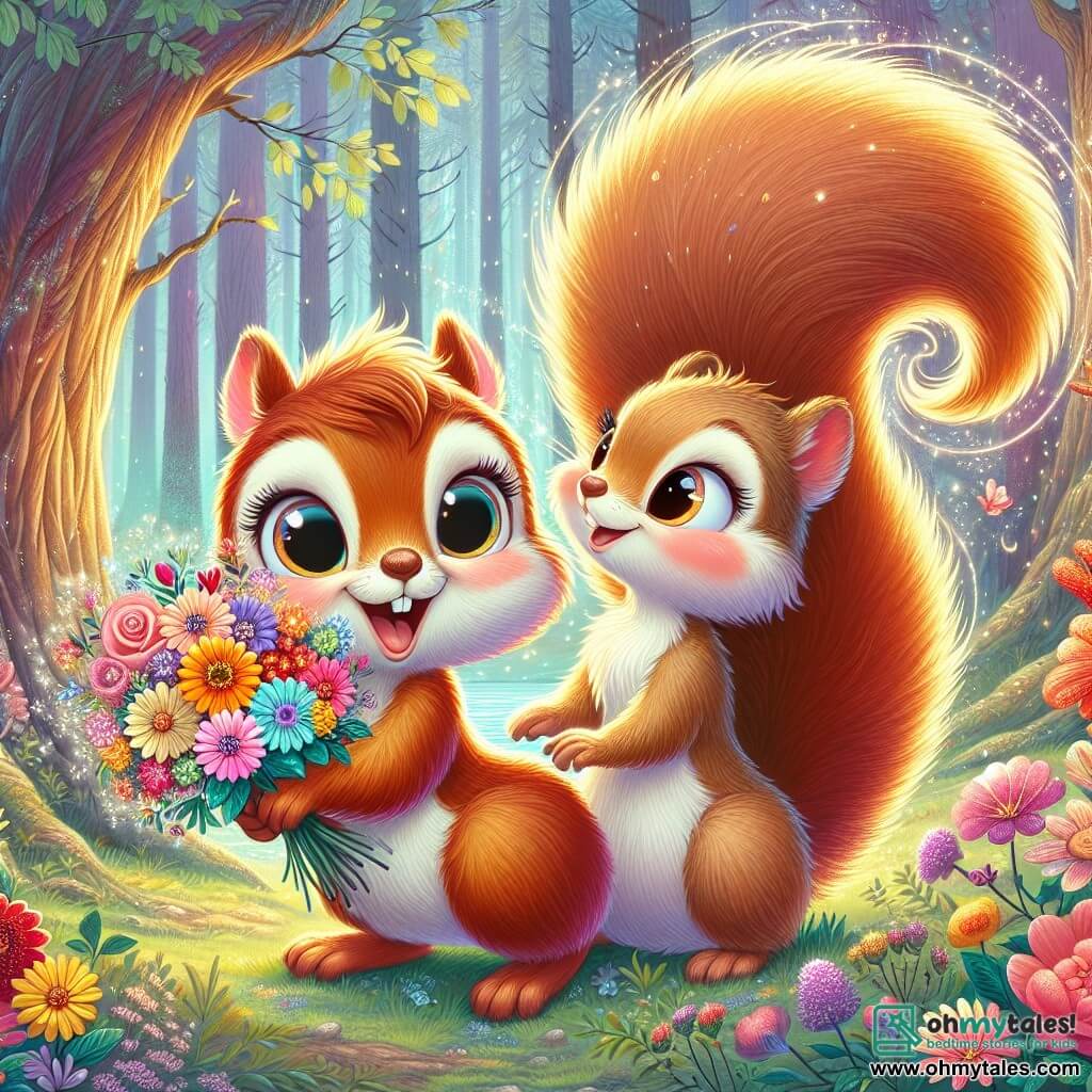 Nutty, a small squirrel with sparkling eyes and light brown fur, stands on his hind legs, proudly holding a bouquet of colorful flowers with a big smile on his face, overflowing with excitement and love. Next to him, Ma Squirrel, a sweet and warm mother squirrel with slightly darker fur and affectionate eyes, looks at him in wonder, arms open to embrace him, showing an expression of joy and pride. The scene takes place in the heart of the Whispering Woods, an enchanting place where majestic trees rise towards the sky, their leaves dancing in the breeze, and the ground is covered with bright flowers glistening in the sun. In the distance, a stream softly murmurs, adding a touch of magic to the atmosphere. Nutty proudly presents his bouquet of magical flowers to Ma Squirrel for Mother's Day, creating a tender and joyful moment filled with love and gratitude.