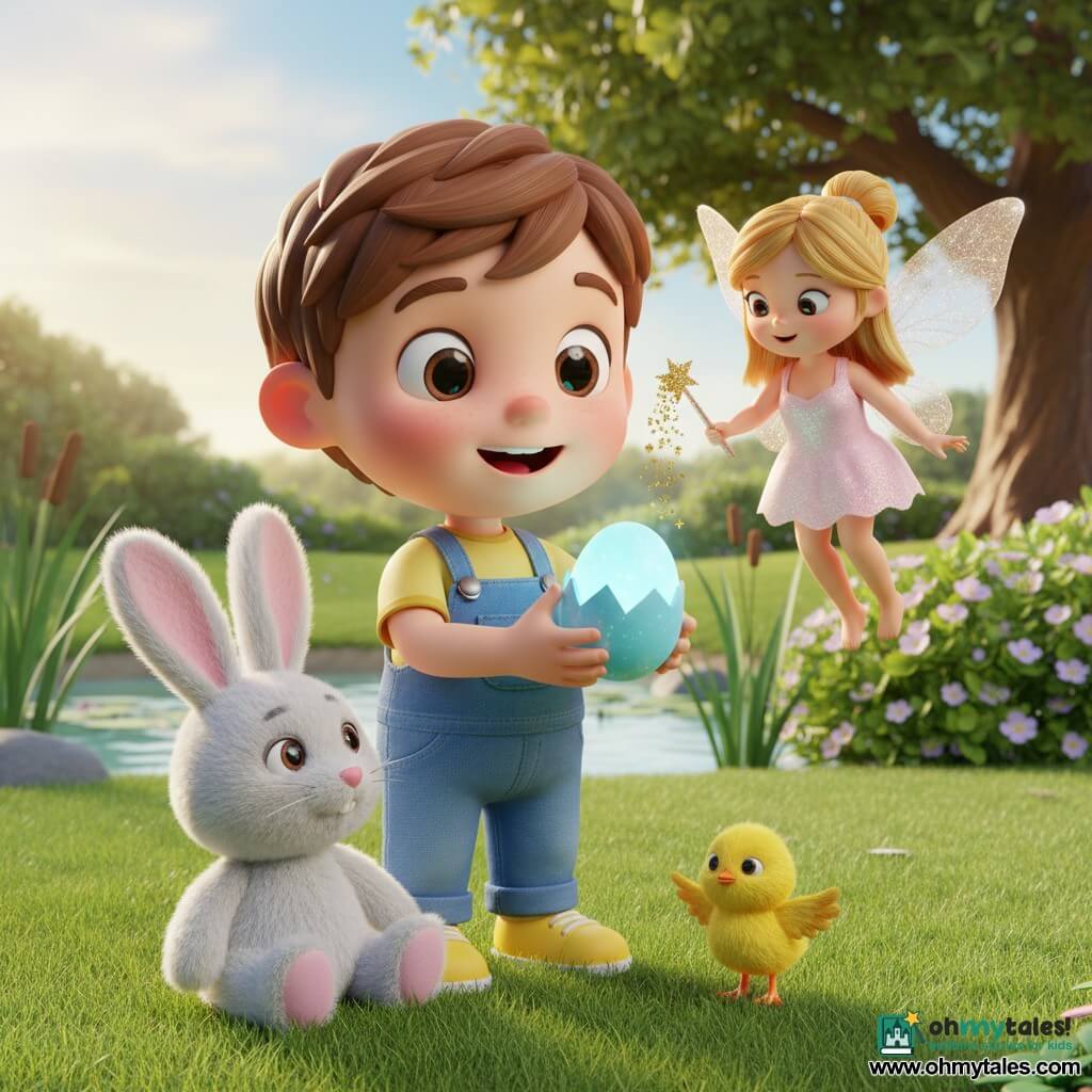 A joyful, wide-eyed 4-year-old boy with short brown hair, wearing a blue overall and yellow shoes, delicately holds a small shiny blue egg; a soft white plush rabbit named Mr. Whiskers with large embroidered eyes sits beside him watching, while a tiny fluffy yellow chick (Peep) emerges from the egg near the boy's feet and a small sparkling fairy named Sparkle, feminine-presenting and wearing a pale pink dress with translucent wings, sprinkles golden glitter above; background shows a calm pond with green reeds, a large leafy oak, and pastel flowering bushes in warm morning light, textured green grass, joyful magical mood, centered composition, smooth 3D figurine rendering, saturated colors, soft shadows and tactile details (fur, fabric, feathers).