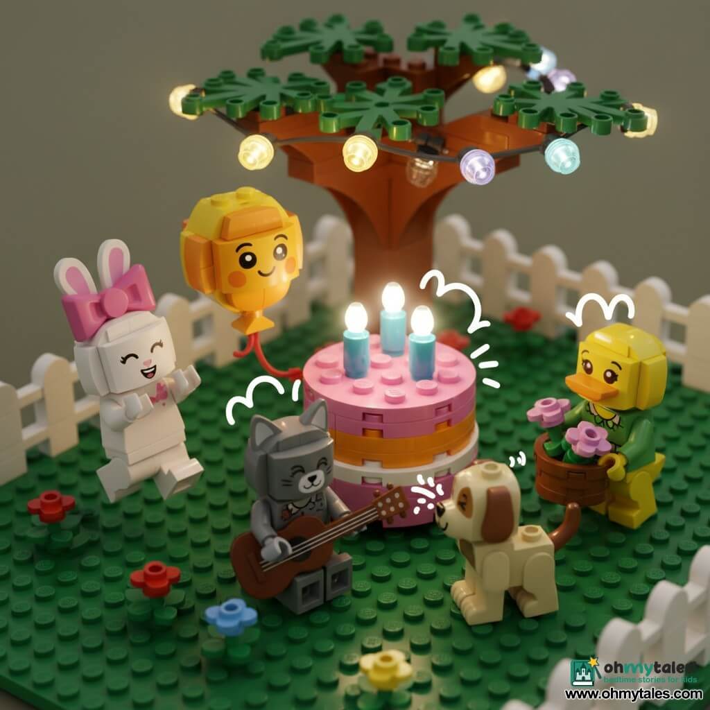 Sunny is a round yellow-and-orange brick balloon with a painted smiling face, floating slightly and reaching a ribbon-paw toward a pink-and-orange brick cake with three lit blue translucent candles and wisps of translucent white smoke; Rosie, a white-brick rabbit with a pink bow, is jumping and clapping left of the cake; Daisy, a yellow-and-green brick duck with textured feathers, holds a small flower basket right of the cake; Sam, a gray-brick cat with a brown mini-brick guitar, sits playing happily; Popcorn, a brown-and-cream brick puppy with a wagging tail, looks at the cake as if he sneezed and blew out the candles; the garden set has a textured green lawn, a brown-and-green brick tree with multicolored translucent string lights, a few brick flowers and a low white fence, creating a warm, lively celebration seen from a slight bird’s-eye angle.