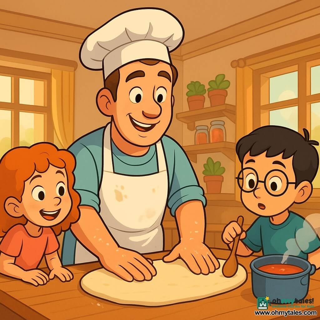 A smiling, kind chef named Benny, about 40, short chestnut hair, flour-streaked white apron and flour-dusted hands, rolls a large dough on a wooden table while looking at children with sparkling eyes; Emma, about 8, curly red hair, amazed expression, stands left of the chef leaning on the table with hands ready to touch the dough; Max, about 7, short black hair, round glasses, curious and focused, holds a wooden spoon near a steaming pot to the chef's right; bright community hall with shiny parquet floor, large open windows letting in golden sunlight, shelves with herb pots and jars of tomatoes; joyful cooking workshop—chef demonstrating homemade pasta, shiny dough under the light, red sauce gently bubbling, steam clouds and children's laughter.