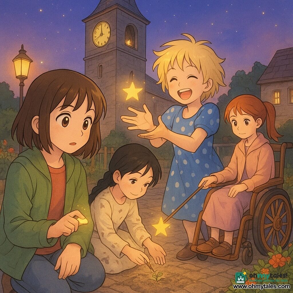 Four girls, about 10 years old: Mira with straight brown hair and curious eyes in a green jacket holding a small shiny pebble, seated front left looking at the clocktower's watch; Sora with short messy blond hair and a wide smile in a blue polka-dot dress laughing and reaching with both hands toward a fallen star at center right; Ana with long black hair in a braid, ink-stained cream dress, crouched center left drawing a seed in the soil with a notebook and pencil; June with tied red hair in a wooden wheelchair with decorated wheels, wearing a pastel coat and using a long stick to gently pick up a star near a bench at back right. The scene is a small village square at dusk with rain-glossed cobbles, a large stone clocktower with a small hollow where a star glows, warm streetlamps, a wooden bridge and a vegetable garden with saturated flowers and veggies. Main action: the four girls gather under the clocktower, gently collecting fallen stars and returning them to the village with precise, tender gestures and focused, amazed expressions; soft, luminous atmosphere in pastel tones mixed with golden star highlights, composition centered on their hands and Mira’s pebble.