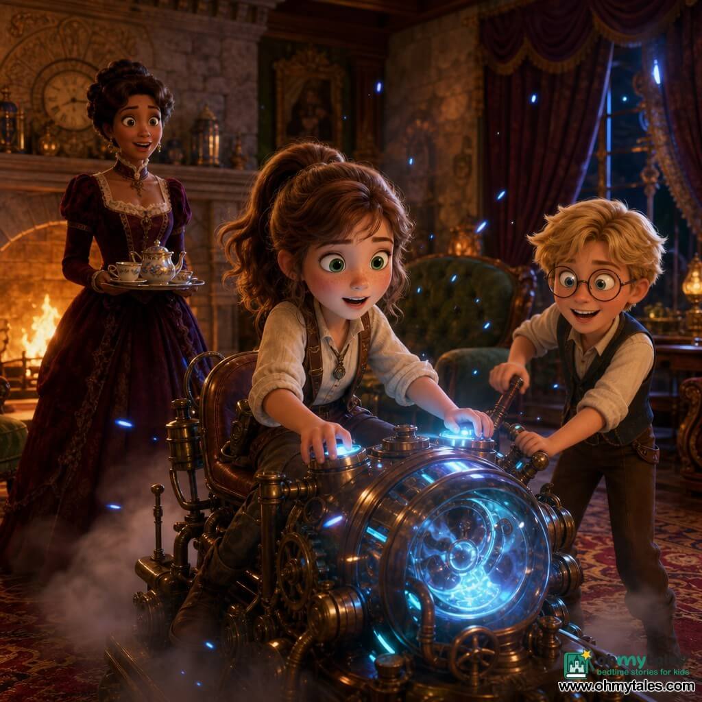 Main girl: Sophie, 10, round freckled face, brown hair in a ponytail, bright green eyes, amazed and determined, hands on glowing buttons of the "Time Twister," seated on a metal chair like an old bicycle; secondary: Max, about 10, tousled blond hair, round glasses, surprised smile, standing to Sophie's right and leaning toward the machine while nudging a lever; secondary: Lady Eliza, ~40, burgundy velvet Victorian dress with cream lace, updo, gentle surprised gaze, standing by a left background stone fireplace holding a tea tray; setting: warm Victorian parlor with red Persian rugs, green velvet armchairs, ornate mantle clock, heavy purple velvet curtains and golden firelight on polished wood; main action: Sophie and Max have just activated a smoking, softly blue-sparking time machine at center, sparks drifting as Lady Eliza watches in surprise — dynamic mid-shot, warm palette contrasted with blue neon machine, soft welcoming 3D render evoking adventure and surprise.