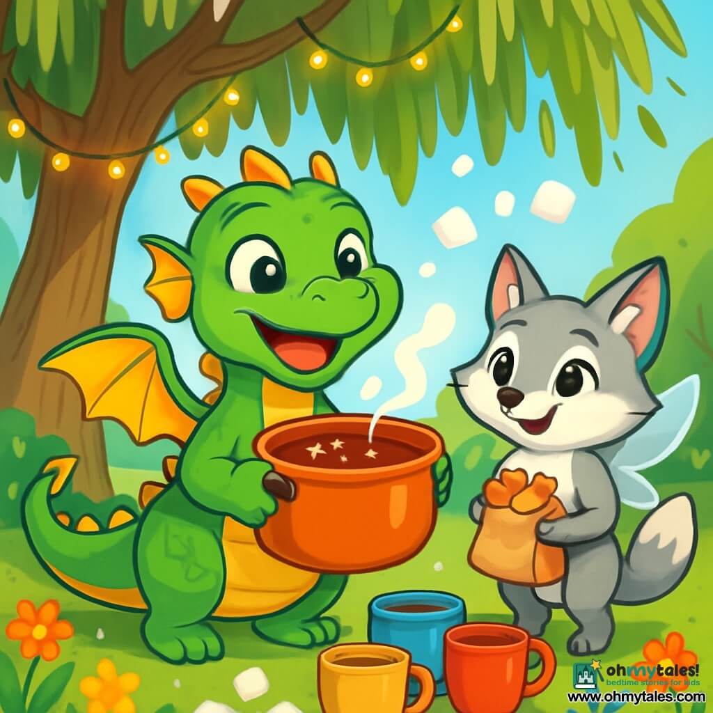 A small green dragon named Pippin, with shiny scales and sparkling eyes full of joy, stands at the center of a sunny scene, smiling broadly while holding a large pot of steaming hot chocolate. His wings shimmer in the light, and he looks excited and happy. Next to him, Miri, a silver fox with small translucent wings, gazes at Pippin with a warm smile, her eyes shining with enthusiasm. She holds a small paper bag filled with heart-shaped cookies and stands slightly back, ready to help. The setting is a lovely park under a large willow tree, with twinkling lights hanging from the branches. Colorful flowers line the ground, and a gentle breeze makes the leaves dance. The main scene shows Pippin serving hot chocolate in colorful cups, while marshmallows fly through the air, creating a joyful and playful atmosphere, full of laughter and camaraderie.