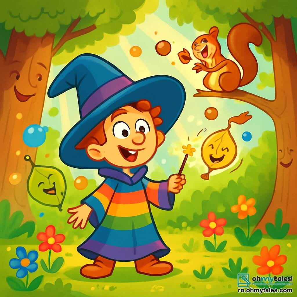 Un vrăjitor stângaci pe nume Tănase Zăpăcitu’, cu o pălărie mare și o robă colorată, stă în mijlocul unei poieni însorite, cu ochii mari de uimire și un zâmbet jucăuș pe față. El ține o baghetă strălucitoare care emite scântei aurii, în timp ce o frunză fragilă dansează în jurul lui, cântând vesel. Aproape de el, o veveriță jucăușă, cu blană brună și ochi sclipitori, jonglează cu ghinde, râzând de situație. Scena se desfășoară într-o pădure fermecată, unde copacii sunt înalți și cu frunze bogate, trunchiurile fiind împodobite cu fețe zâmbitoare. Flori multicolore acoperă solul, iar razele soarelui străbat frunzișul, creând o atmosferă magică. Tănase, încercând o nouă formulă de magie, declanșează o serie de surprize amuzante, cu bule colorate care plutesc și râsete care răsună în aer.