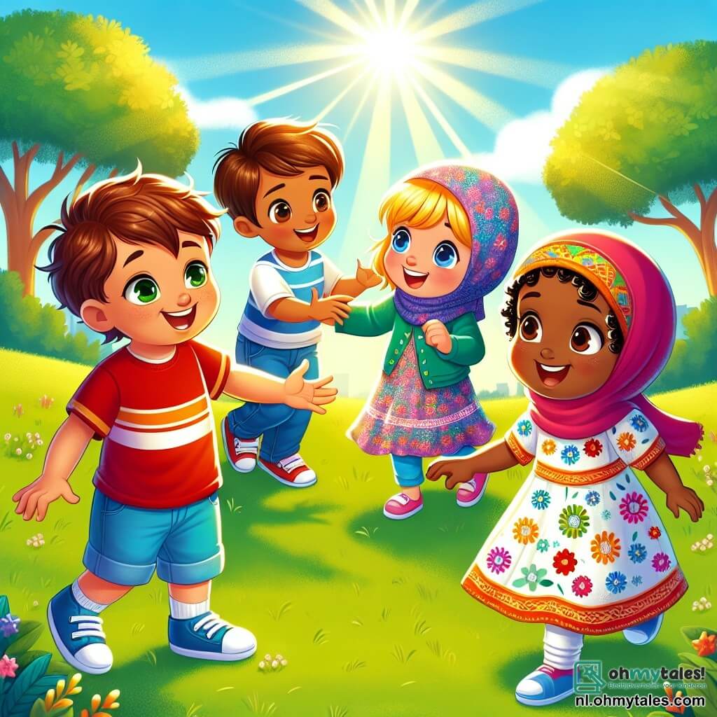 Een vierjarig jongetje genaamd Sam, met bruin haar en sprankelende ogen, glimlacht vrolijk terwijl hij speelt in een zonnig park. Hij draagt een rood t-shirt en een blauwe short, en hij steekt zijn hand uit naar zijn nieuwe vrienden, wat zijn enthousiasme toont. Naast hem staat Lila, een vierjarig meisje met blond haar en een kleurrijke bloemenjurk. Ze lacht en kijkt Sam met een brede glimlach aan, klaar om met de andere kinderen te spelen. Amir, een vijfjarig jongetje met een mooie kleurrijke sjaal om zijn nek, staat wat op de achtergrond, maar zijn gezicht straalt een warme glimlach uit. Aisha, een vijfjarig meisje met een leuke hoed op haar hoofd, springt van blijdschap, met glinsterende ogen van opwinding. Het park is vol groen, met majestueuze bomen, stralende bloemen en kinderen die overal spelen. De lucht is blauw en zonnig, wat een vrolijke en gastvrije sfeer creëert. De hoofdscène toont Sam, Lila, Amir en Aisha die samen spelen, lachen en plezier hebben, wat het idee van vriendschap en tolerantie tussen kinderen van verschillende oorsprongen illustreert.