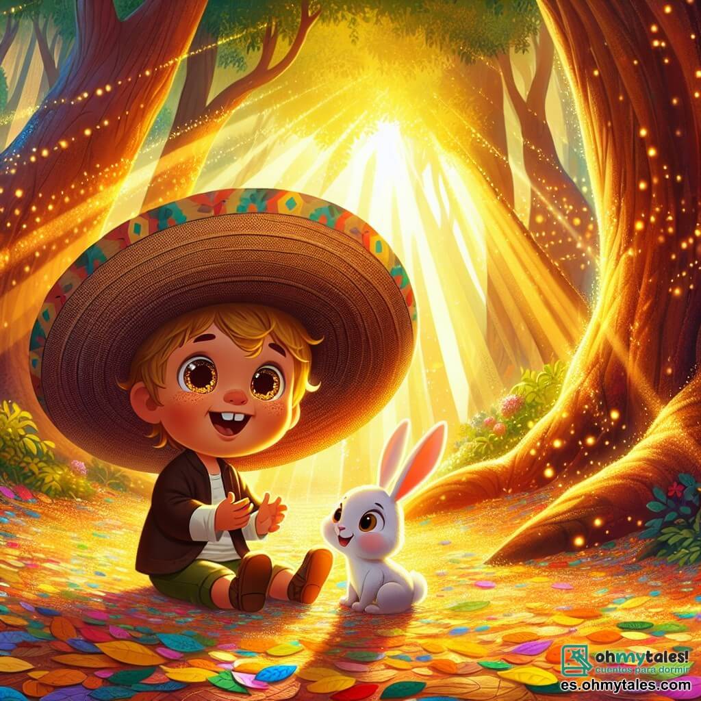 Un niño pequeño de 2 años, Lucas, con grandes ojos brillantes de curiosidad y una sonrisa radiante, lleva un sombrero demasiado grande que le cae sobre la frente. Está sentado sobre una alfombra de hojas coloridas, rodeado de hojas rojas y amarillas, sosteniendo una galleta en sus pequeñas manos, con una expresión de alegría y asombro en su rostro. A su lado está Pipo, un adorable conejito blanco con largas y suaves orejas, que mira a Lucas con una expresión traviesa. Pipo está sentado sobre sus patas traseras, listo para saltar, y parece ansioso por compartir esta aventura deliciosa. El lugar es un bosque encantado, bañado en luz dorada, donde los majestuosos árboles tienen troncos gruesos y follaje exuberante. Los rayos de sol se filtran a través de las ramas, iluminando el suelo cubierto de hojas multicolores, creando una atmósfera mágica y cálida. La situación principal muestra a Lucas y Pipo descubriendo una gran caja de madera decorada con patrones coloridos, que parece misteriosa. Lucas, con una mirada maravillada, se prepara para abrir la caja, mientras que Pipo, curioso, se inclina hacia adelante, ansioso por ver lo que contiene.