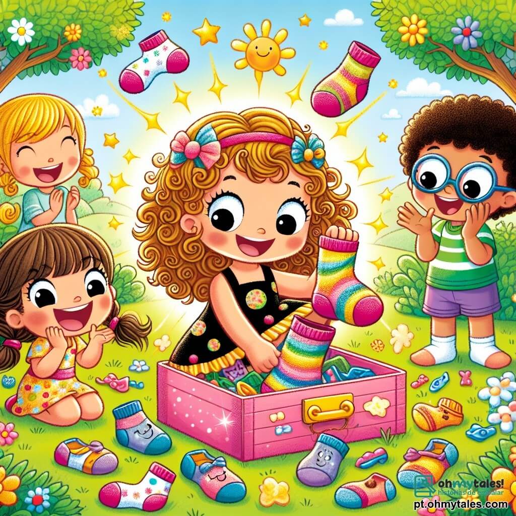 Uma menina de 6 anos, Clarinha, com grandes olhos brilhantes e cabelos encaracolados e dourados, está no centro da imagem, sorridente e cheia de energia. Ela usa um vestido colorido com bolinhas e tenta colocar meias mágicas que dançam ao seu redor, com um ar travesso e alegre. Ao seu lado, um menino de 7 anos, Lucas, com cabelos castanhos e óculos redondos, ri segurando uma das meias que escapuliu, enquanto outra menina, Sofia, de 6 anos, com tranças e um vestido rosa, aplaude entusiasticamente, com os olhos brilhando de excitação. O cenário é um jardim ensolarado, cheio de flores coloridas, árvores verdes e uma caixa de brinquedos aberta, de onde saem brinquedos espalhados. A situação principal mostra Clarinha tentando calçar as meias mágicas, que parecem ter vontade própria, pulando e dançando ao seu redor, enquanto seus amigos a incentivam com risadas e gritos de alegria.
