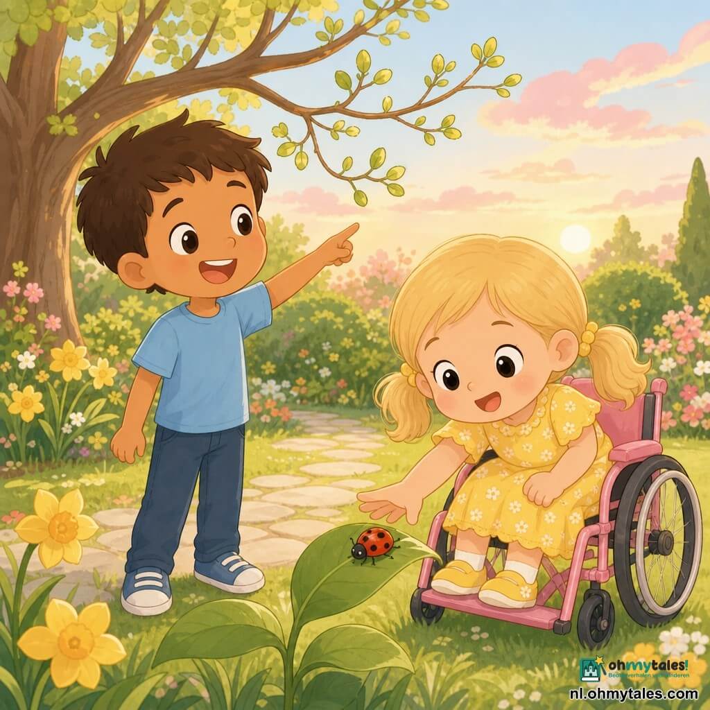 Twee kinderen: Pieter, jongen ~6 jaar, kort bruin haar, lichtblauw T‑shirt, links wijzend naar een tak; Emma, meisje ~5 jaar, blonde staartjes, gele bloemetjesjurk, in een klein roze rolstoeltje rechts van Pieter reikend naar een rood met zwarte stippen gelukskind (lieveheersbeestje) op een blad; locatie: zonnige lentetuin met groen gras, lichte stenen paden, grote boom met frisse bladknoppen, gele bloemenperken en struiken, lichtblauwe lucht met roze avondwolkjes; sfeer zacht en pastel met gouden zonlicht, verwonderde gezichten, eenvoudige leesbare compositie voor kinderen.