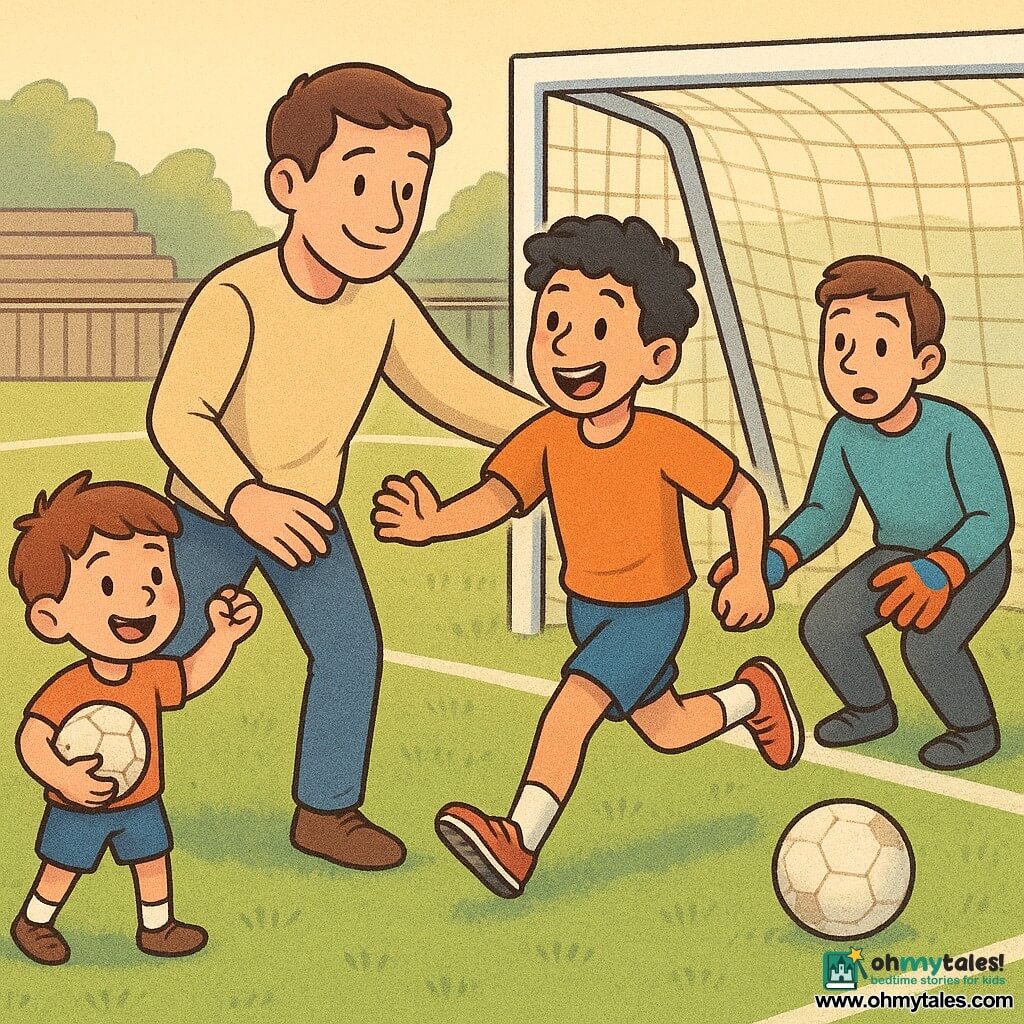 A man named Ben smiles gently, short brown hair, fair skin, kindly looking as he extends his leg to pass a white worn ball; a young man named Omar (about 18) with slightly curly black hair goes from surprised to joyful as he receives the ball in front of the goal and runs to shoot, an explosive expression of happiness; a boy named Milo (about 6) holds a small scuffed ball by the fence, eyes bright and smiling mouth, jumping for joy at the left edge of the field; the goalkeeper (about 20) kneels before the net with colorful gloves, watching the ball enter the goal; the pitch is shiny green with crisp white lines, a white net, a small metal fence and blurred simple stands in the background, soft late-afternoon light, long shadows and warm pastel colors; the main action shows the ball rolling into the net while Ben runs to embrace Omar, full of movement and shared joy; graphic style: thick outlines, soft colors, pencil textures, expressive faces and simple features suitable for 4-year-olds.