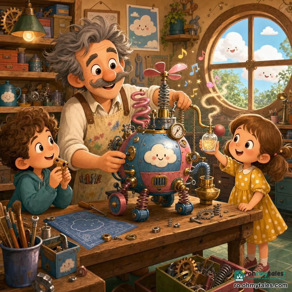 Un inventator souriant, moustachu en deux petits brosses, tablier beige taché de peinture et cheveux gris en bataille, penché sur une table d’atelier en tenant un petit engin brillant à roues et ressorts; à gauche, un garçon d'environ 8 ans aux cheveux bouclés bruns tient un petit sifflet en bois et regarde l'inventeur; à droite, une fille d'environ 6 ans en robe jaune à pois blancs tend une fiole de parfum qui sent les crêpes vers la machine; l'atelier, chaleureux et désordonné, a des étagères en bois pleines d'outils, des posters de nuages souriants et une fenêtre ronde qui diffuse une lumière douce; sur la table trône la "Mașina de Gâdilat Norii", un appareil rond et fantaisiste en métal bleu et rose avec tuyaux en spirale, ressorts apparents, une louche accrochée, une petite hélice tournante, d'où s'échappent étincelles amicales et notes de musique, prêt à chatouiller les nuages.