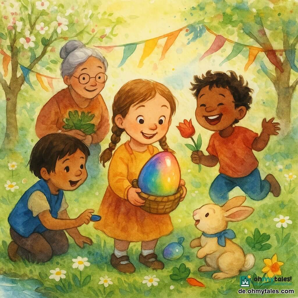 Ein rundgesichtiges sechsjähriges Mädchen mit hellbraunen Zöpfen und staunendem Lächeln hält in einem kleinen Weidenkorb behutsam ein großes, regenbogenfarben schimmerndes Ei; ihr vierjähriger Bruder mit zerzaustem Haar und rosigen Wangen lacht und hüpft neben ihr, während er ihr eine rote Tulpe reicht; eine sechsjährige Freundin mit kurzem dunkelbraunem Haar und blauer Weste hockt am Teichrand und zeigt ihr einen kleinen blauen Kiesel; hinter den Kindern steht links eine lächelnde Großmutter (etwa 65) mit grauem Dutt und einem Bund Petersilie; der cremefarbene Hase Hoppel mit einer blauen Schleife am Hals sitzt neben dem Korb und blickt verschmitzt auf das Ei; Frühlingsgarten mit grüner Wiese und Gänseblümchen, blühendem Apfelbaum und bunten Bändern zwischen den Bäumen; das Ei leuchtet sanft und wärmt die Szene, umgeben von farbigen Gegenständen (rote Tulpe, blauer Kiesel, gelbe Narzisse, grüne Petersilienblatt), fröhliche einladende Atmosphäre.