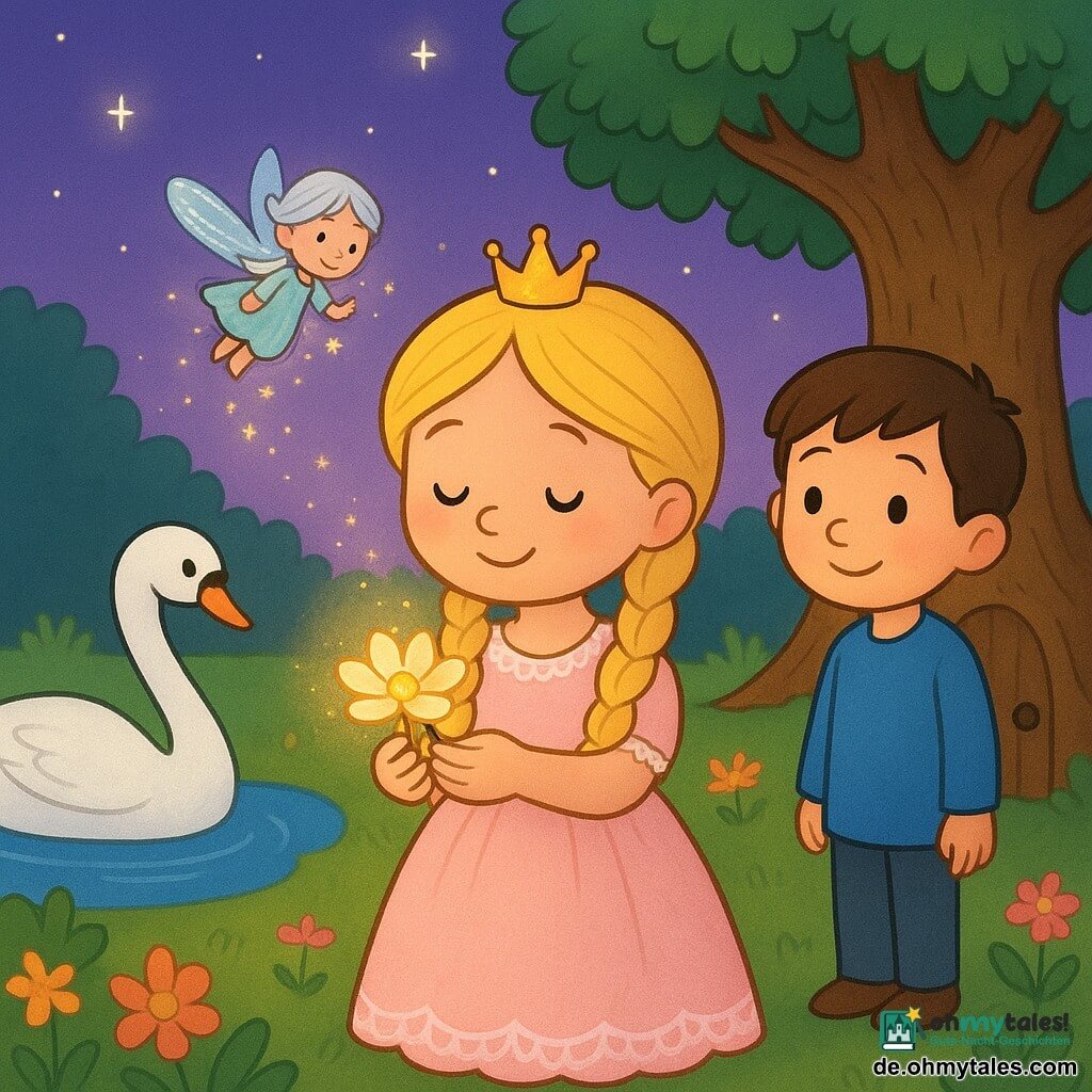 Prinzessin (Mädchen) in der Mitte, sanft lächelndes Gesicht, blond geflochtenes Haar, blassrosa Kleid mit heller Spitze, hält eine geöffnete Glasblume, Prinz (Junge) etwa 6 Jahre, kurze braune Haare, schlichtes blaues Gewand, steht schüchtern lächelnd neben einer alten Eiche rechts und schaut zur Prinzessin, glatter weißer Schwan links schwimmt in einem kleinen glänzenden blauen See und neigt den Hals zur Prinzessin, winzige leuchtende Fee mit silbernem Haar und durchsichtigen Flügeln schwebt über der Blume und sprüht goldene Funken, alte Eiche mit runder Holztür und breiten Ästen im Hintergrund rechts, Abendgarten mit weichem grünem Gras, bunten Blumen, violettem Himmel und aufkommenden Sternen; Hauptszene: die Prinzessin zeigt die sich öffnende Glasblume, die ein warmes goldenes Licht verbreitet, alle schauen staunend, warme friedliche Stimmung, kräftige Farben, runde Formen und einfache, ausdrucksstarke Linien für Kleinkinder.