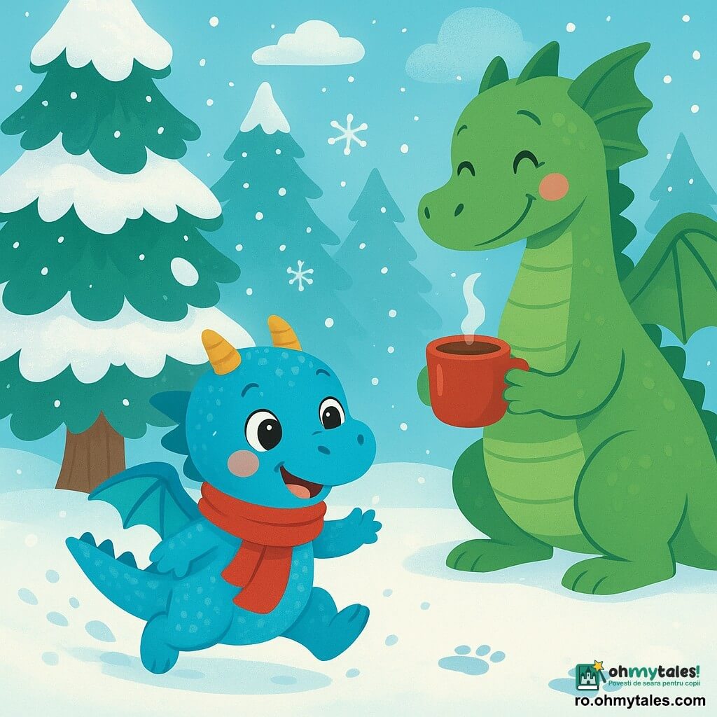 Un mic dragon albastru pe nume Dodo, cu solzi strălucitori și ochi plini de curiozitate, merge vesel prin zăpada proaspătă, lăsând în urmă urme delicate. Zâmbește, obrajii îi sunt roz de frig, iar la gât poartă un fular roșu aprins. Aproape de el, mama dragon, mare și blândă, cu solzi verzi și aripi mărețe, îl observă cu un zâmbet tandru, ținându-i o cană de ciocolată caldă. Are un aspect cald și protector, stând lângă un brad mare acoperit de zăpadă. Peisajul este o pădure fermecată, cu copaci înalți cu ramuri încărcate de fulgi de zăpadă strălucitori și un cer albastru deschis cu câțiva nori pufoși. Scena principală îl arată pe Dodo distrându-se sărind în zăpadă, stropind fulgi în jurul său, în timp ce mama dragon îl încurajează cu bucurie, creând o atmosferă de fericire și magie de iarnă.