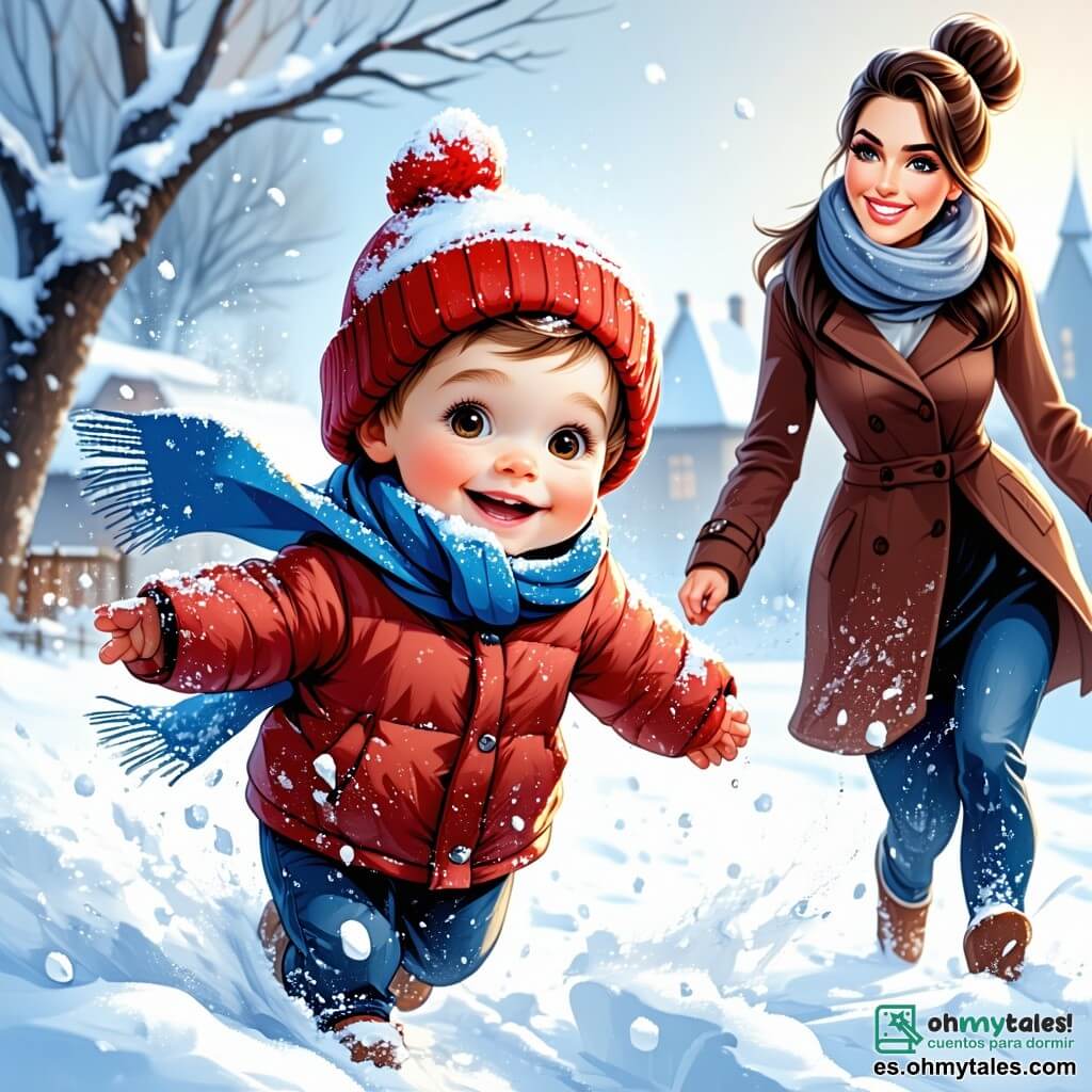 Un niño de 1 año, Lucas, con mejillas rosadas y ojos brillantes de alegría, lleva un gorro rojo y una bufanda azul. Está saltando en la nieve, salpicando copos a su alrededor con una gran sonrisa en su rostro. A su lado, su mamá, una mujer de unos 30 años con el cabello castaño recogido en un moño, lleva un abrigo cálido y guantes. Ella sonríe mientras mira a Lucas, sosteniendo una bola de nieve lista para ser lanzada. El lugar es un parque invernal mágico, con árboles cubiertos de nieve brillante, un cielo azul claro y copos de nieve cayendo suavemente. La escena principal muestra a Lucas y su mamá construyendo un gran muñeco de nieve, con una zanahoria como nariz y botones de chocolate, mientras la nieve sigue cayendo, creando un ambiente alegre y festivo.
