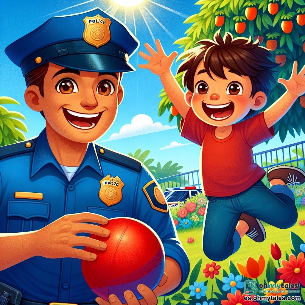 Un policía llamado Juan es representado como un hombre alto y sonriente, vistiendo un uniforme azul con una gorra a juego. Tiene cabello castaño y ojos brillantes de amabilidad, y se ríe alegremente mientras sostiene una pelota roja en sus manos. A su lado está Pablo, un niño de unos 8 años, con cabello castaño desordenado y una camiseta roja. Salta de alegría, con los brazos levantados y una gran sonrisa en el rostro, expresando su felicidad por haber encontrado su pelota. La escena tiene lugar en un jardín colorido, lleno de flores brillantes y un gran árbol de mango, bajo un cielo azul claro. El sol brilla, creando un ambiente alegre y cálido. La situación principal muestra a Juan y Pablo celebrando el descubrimiento de la pelota roja, rodeados de risas y una atmósfera amigable, ilustrando el espíritu de camaradería y ayuda en su vecindario.