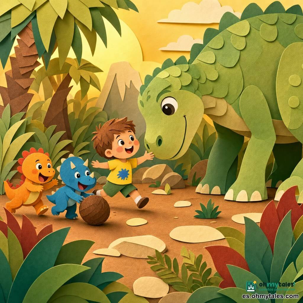 Niño de 4 años, rostro redondo y mejillas sonrosadas, pelo castaño corto, mirada maravillada y gran sonrisa; lleva camiseta amarilla con mancha de pintura azul y pantalón corto verde, corre con los brazos extendidos hacia un dinosaurio amigo. Dinosaurio verde claro, textura escamosa estilizada como papel, grande pero dócil, ojos redondos y amistosos; se inclina para saludar al niño, hocico cerca de su mano en postura protectora. Dos pequeños dinosaurios juguetones, naranja y azul, tamaño infantil, ruedan un coco como balón a la izquierda del niño, riendo y saltando. Suelo de tierra marrón suave, grandes piedras redondeadas color crema, hojas gigantes verdes bordeadas de rojo, helechos estilizados; luz dorada cálida filtrándose entre los árboles. Encuentro alegre en un claro prehistórico, gestos de juego y amistad, composición centrada en el niño y el gran dinosaurio cara a cara, ambiente tierno y colorido, contrastes nítidos y formas recortadas simples.