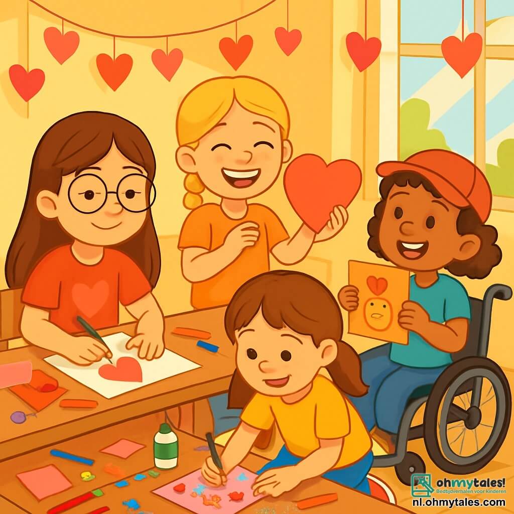 Er zijn 4 kinderen: Lotte, een 9-jarig meisje met lang bruin haar en ronde brillen, zit aan een grote houten tafel en tekent een Valentijnskaart. Noor, een 8-jarig meisje met een vlecht en een stralende glimlach, staat naast Lotte en houdt een groot papieren hart trots omhoog. Kim, een 9-jarig meisje met kastanjebruin haar in twee staartjes, zit op de grond omringd door kleurpotloden en glitters, terwijl ze stickers op haar kaart plakt. Sophie, een 9-jarig meisje met krullend haar en een petje, zit in haar rolstoel en houdt een kaart met een grappige tekening vast, terwijl ze vrolijk naar haar vriendinnen lacht. De ruimte is licht en warm, met pastelgele muren en een grote houten tafel vol kleurrijke papieren, scharen en potloden. Papieren hartjes hangen aan het plafond en het zonlicht valt door het raam naar binnen, waardoor de ruimte verlicht wordt. De kinderen zijn bezig met het maken van Valentijnskaarten, lachen en hebben plezier, omringd door kleurrijke versieringen en een blije sfeer, klaar om hun liefde en vriendschap te delen met de buurt.