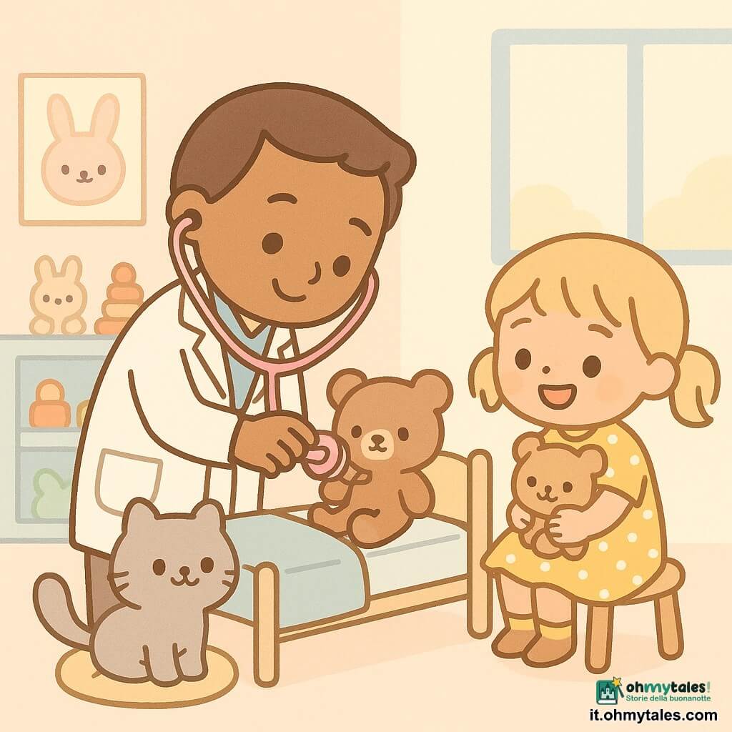 Un medico uomo sorridente e premuroso, capelli castani corti, camice bianco pulito, occhi dolci, tiene uno stetoscopio rosa vicino a un orsacchiotto su un lettino mentre inclina la testa; una bambina, Sara, circa 4 anni, capelli biondi a codini, vestito giallo a pois, tiene il suo orsacchiotto e sorride al medico seduta su uno sgabello accanto al lettino; un gattino grigio di nome Max, pelo soffice e occhi vivaci, è su un cuscino ai piedi del lettino e scodinzola; la stanza è uno studio pediatrico con pareti pastello (rosa chiaro e azzurro), poster di animali sorridenti, giocattoli su mensole basse e una grande finestra che diffonde luce soffusa; situazione: il medico esamina teneramente l'orsacchiotto in un'atmosfera calda e tranquilla, colori e forme morbide che trasmettono fiducia e sicurezza.