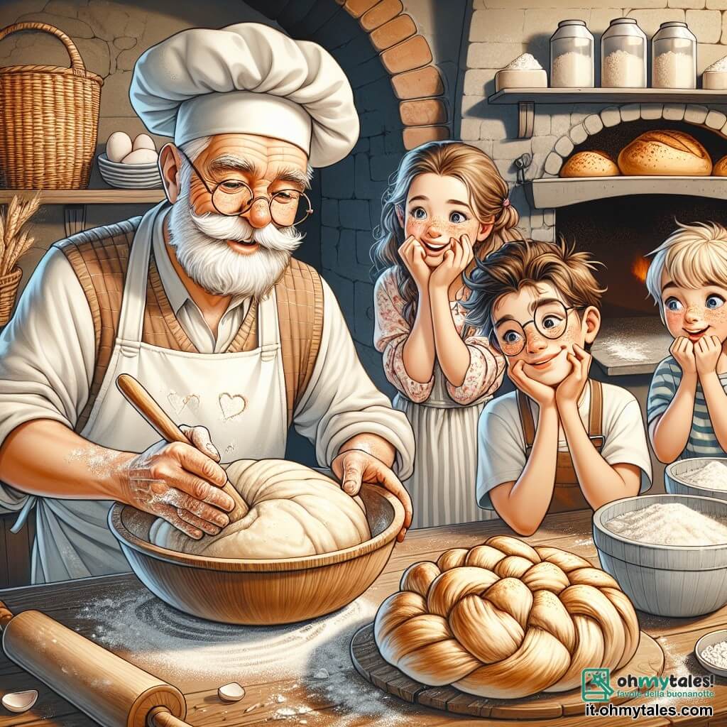 Un vecchio panettiere, Mastro Giorgio, un uomo di mezza età con una barba bianca e occhiali rotondi, sorride calorosamente mentre impasta della pasta per il pane in una grande ciotola di legno. Indossa un grembiule bianco macchiato di farina e ha rughe che testimoniano la sua saggezza e esperienza. Accanto a lui, Chiara, una bambina di 8 anni con capelli castani e ricci, osserva con meraviglia, le mani piene di farina, cercando di modellare un pane a forma di treccia. Marco, un ragazzo di 9 anni con occhiali e lentiggini, ride mentre cerca di creare un piccolo pane rotondo, mentre Luca, un ragazzo di 7 anni con capelli biondi, si impegna a fare un cuore con il suo pezzo di pasta, gli occhi scintillanti di concentrazione. La scena si svolge in un forno caldo e accogliente, pieno di sacchi di farina, cesti di vimini e un grande forno in mattoni dove il pane dorato cuoce lentamente, sprigionando un delizioso profumo. La situazione principale mostra Mastro Giorgio che insegna ai bambini l'arte della panificazione, le mani piene di pasta, mentre ridono e si divertono insieme, creando ricordi preziosi attorno alla magia della produzione del pane.