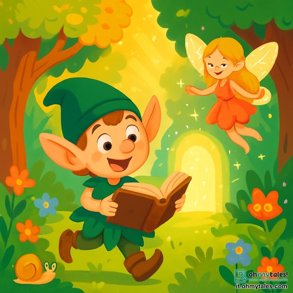 Un follet gioioso di nome Lillo, con grandi orecchie a punta e un cappello verde brillante, danza in una radura soleggiata, il suo volto splendente di felicità e meraviglia. Indossa una tunica di foglie e scarpe di pelle, e tiene un vecchio libro magico aperto davanti a sé, gli occhi spalancati per la curiosità. Accanto a lui, Fiammetta, una bella fata luminosa con ali scintillanti, fluttua nell'aria. Ha lunghi capelli dorati e un vestito fatto di petali di fiori. Sorride gentilmente a Lillo, incoraggiandolo nella sua ricerca. Il paesaggio è un magnifico boschetto, pieno di alberi con tronchi nodosi e chiome dorate, con fiori colorati che danzano al vento. I raggi di sole filtrano tra le foglie, creando bagliori di luce magica sul terreno. La scena principale mostra Lillo e Fiammetta che scoprono il cuore del bosco, un portico scintillante che brilla intensamente, circondato da creature fantastiche curiose che li osservano con occhi meravigliati.