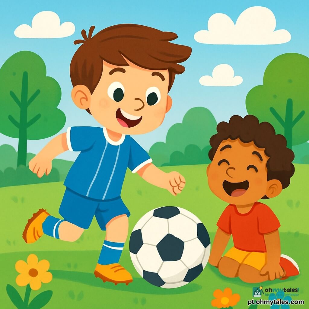 Um garoto de 8 anos, Lucas, sorridente e cheio de energia, veste um uniforme de futebol azul vibrante com listras brancas. Ele está driblando uma bola de futebol em um campo verde, com os cabelos castanhos ao vento e os olhos brilhando de alegria. Ao lado dele, seu amigo João, também de 8 anos, tem cabelos cacheados e veste uma camiseta vermelha. Ele está de joelhos na grama, rindo após ter caído, com um grande sorriso no rosto. O campo de futebol é cercado por árvores verdes e um céu azul brilhante, com algumas nuvens brancas fofas. Flores coloridas embelezam a borda do campo, acrescentando um toque alegre à cena. Lucas está jogando futebol com seus amigos, correndo com entusiasmo, enquanto João se levanta rindo, ilustrando o espírito de equipe e amizade.