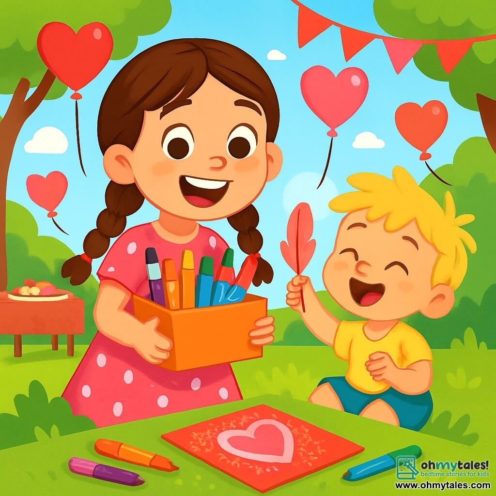 A 6-year-old girl named Milly, with long brown braided hair, is wearing a pink dress with white polka dots. She has a big joyful smile and sparkling eyes of excitement as she holds a box of colorful art supplies. Next to her, her 3-year-old little brother Benny, with messy blonde hair, is playing with a pink feather, laughing and having fun in the green grass. The park is filled with heart-shaped balloons floating in the blue sky, red and pink paper garlands decorating the trees, and a cookie decoration table is visible in the background. Milly is preparing a Valentine's card, surrounded by sparkling glitter and colorful markers, while laughter and cheerful singing resonate around them.