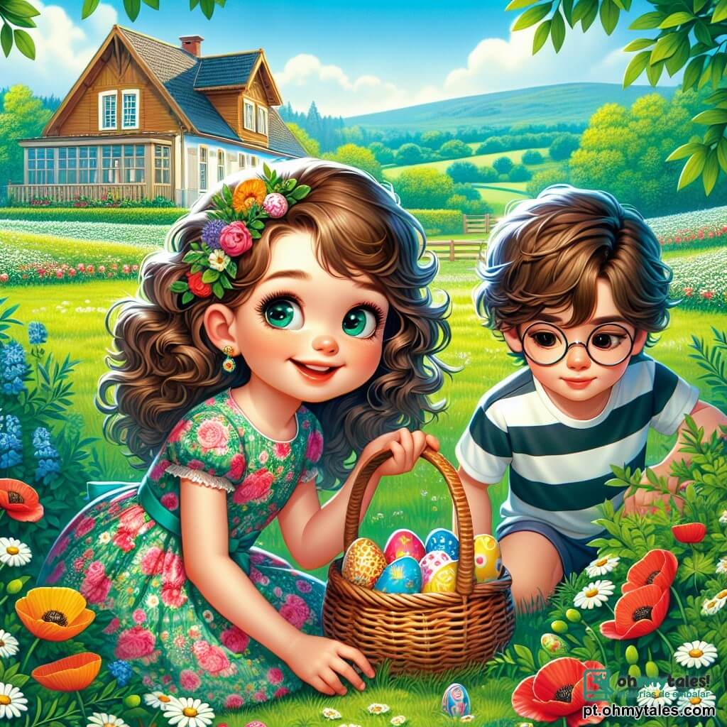 No centro da imagem, Clara, uma menina de 8 anos com cabelos cacheados e olhos brilhantes de curiosidade, está de joelhos em um campo verdejante, com um grande sorriso iluminando seu rosto. Ela usa um vestido colorido com flores e segura uma cesta de vime cheia de ovos de Páscoa multicoloridos, enquanto examina o chão em busca de um ovo dourado. Ao lado dela, seu amigo Lucas, um menino de 8 anos com cabelos castanhos e óculos redondos, está inclinado para frente, examinando atentamente um arbusto. Ele veste uma camiseta listrada e shorts, com uma expressão concentrada e entusiasmada. Ao fundo, a fazenda dos avós de Clara se ergue majestosa, com paredes de madeira e um telhado vermelho, cercada por campos floridos onde papoulas e margaridas dançam ao vento. Árvores verdes emolduram a paisagem, e o céu é de um azul vibrante, salpicado de nuvens brancas e fofas. A cena principal mostra Clara e Lucas em plena caça aos ovos de Páscoa, procurando animadamente por um ovo dourado misterioso, enquanto borboletas coloridas voam ao redor, adicionando um toque de magia a este lindo dia de primavera.