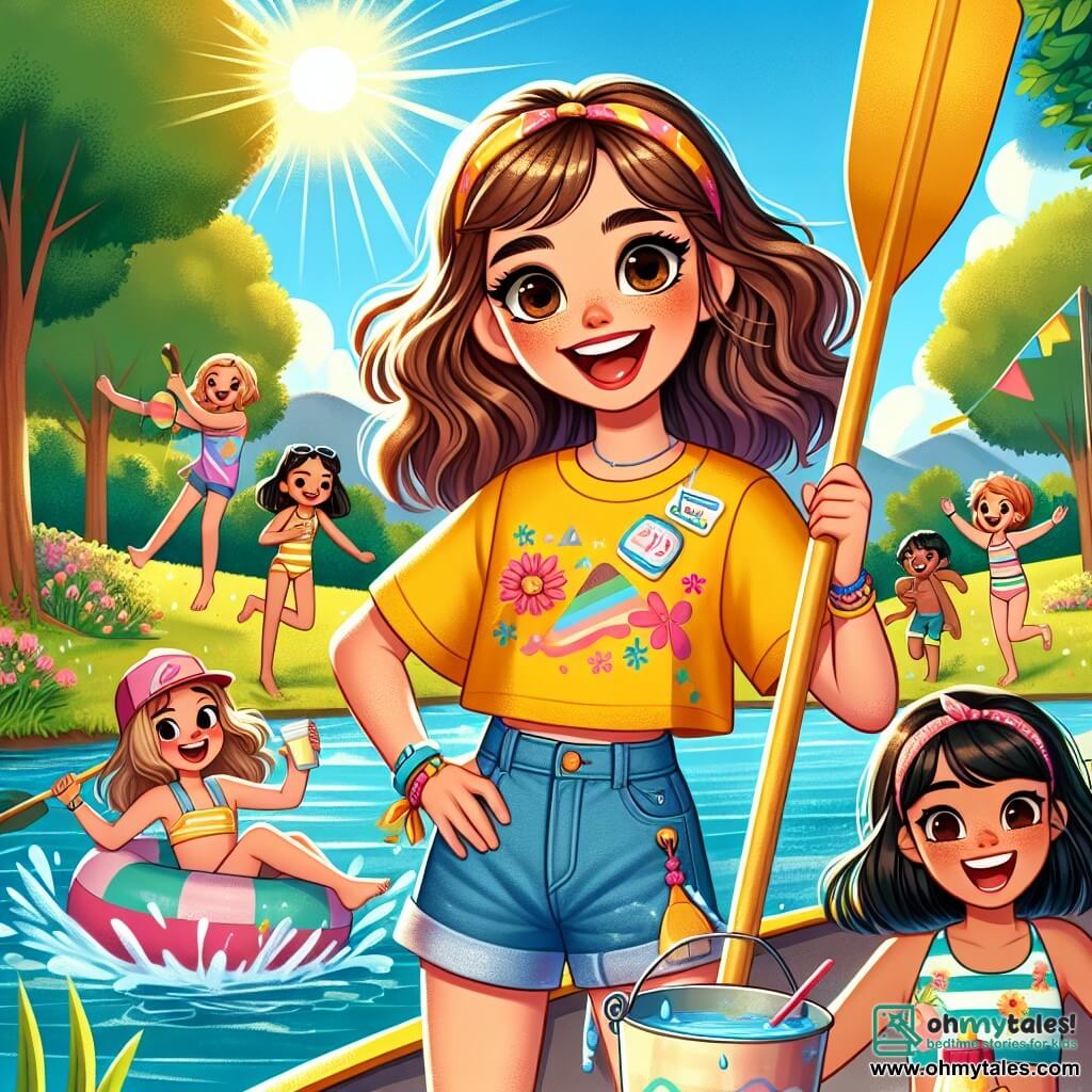 A 12-year-old girl named Lily, with long wavy brown hair, is wearing a bright yellow t-shirt and denim shorts. She has a big smile full of excitement and adventure, holding a paddle in one hand and a cup of juice in the other. Next to her is her best friend Maya, also 12, with short black hair, wearing a colorful swimsuit and a sarong. She is laughing, her eyes sparkling with joy, holding a bucket filled with water balloons. The backdrop features a sparkling lake under the sun, surrounded by tall green trees and a flower-filled meadow. In the background, children are having fun on a waterslide, and laughter fills the air. The main scene shows Lily and Maya ready to participate in a canoe race, surrounded by campmates, all eager and full of energy, ready for a day of summer adventures.