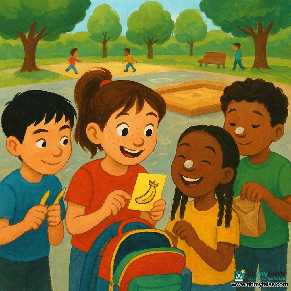 Eight-year-old Maya, cheerful and slightly nervous with brown pigtails and freckles, holds an open colorful backpack and looks at a small yellow note with a crowned banana drawing; to her left Leo, an 8-year-old mischievous boy with short black hair, taps two pencils like a secret signal; to her right Nia, an 8-year-old proud, playful girl with dark skin and braids, balances an eraser on her nose laughing; behind them Omar, an 8-year-old quiet, hungry boy with curly hair, opens a crinkling bag of chips. They gather around the backpack on a lively playground with chalked concrete, a sandbox, benches and trees, laughing and pointing at the note while a small drawn "boop" bubble adds a light, funny tone.
